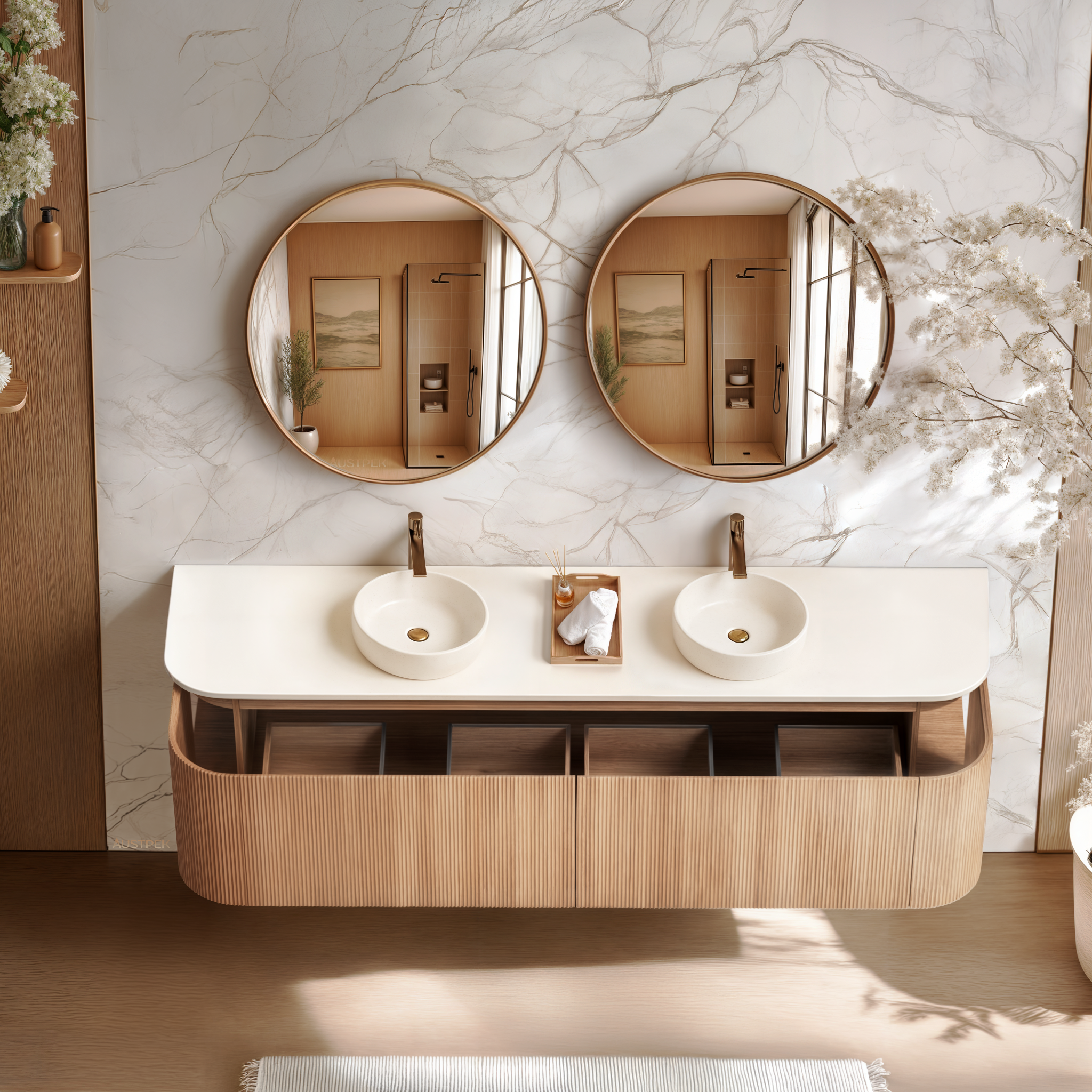 ORIO FITZROY LIGHT WALNUT FLUTED 1800MM CURVE DOUBLE BOWL WALL HUNG VANITY