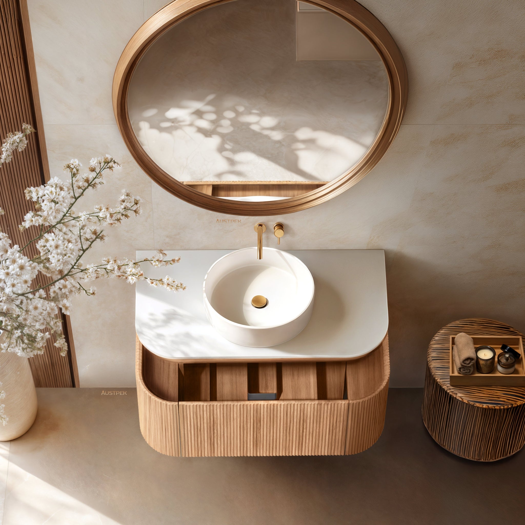 ORIO FITZROY LIGHT WALNUT FLUTED 900MM CURVE SINGLE BOWL WALL HUNG VANITY