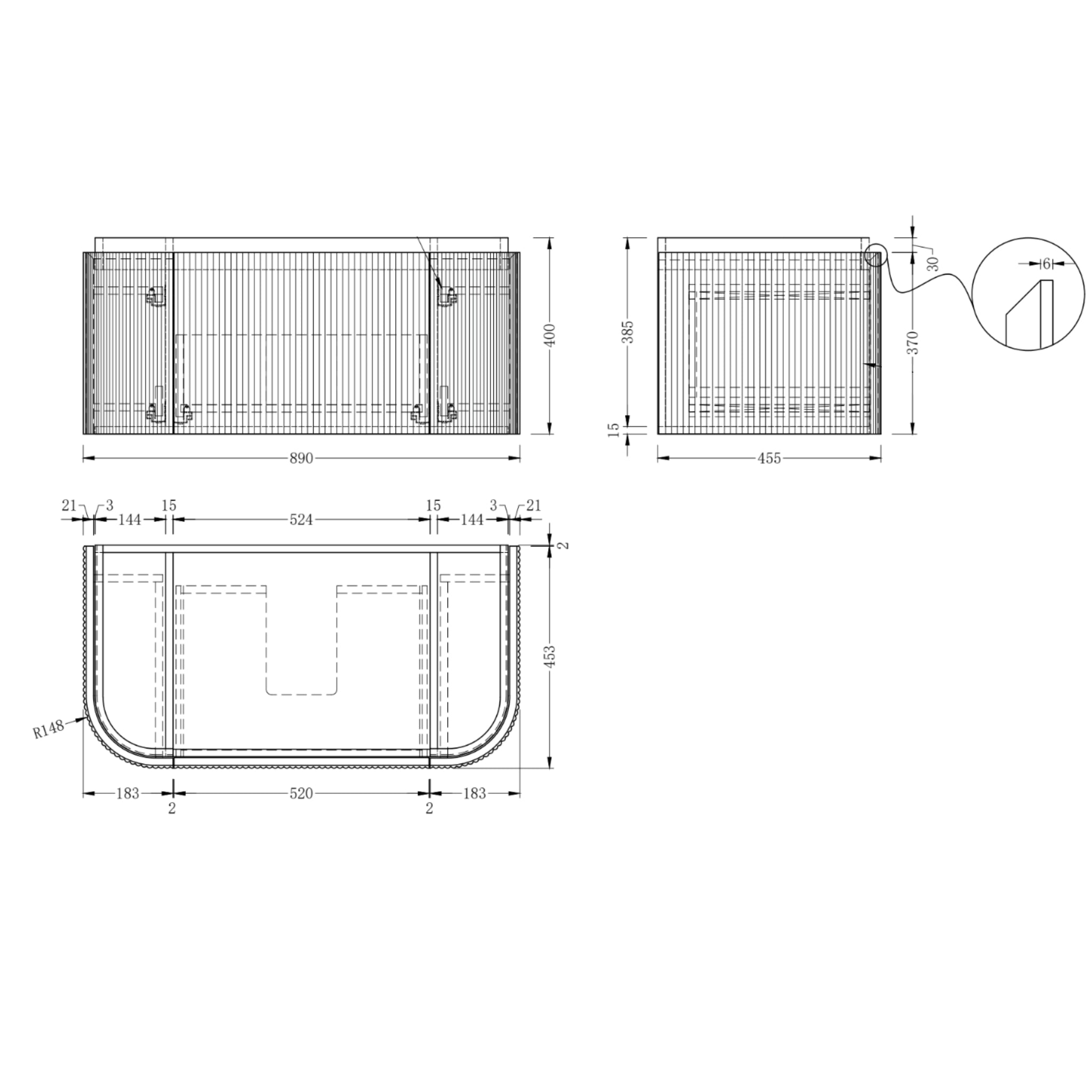 ORIO FITZROY LIGHT WALNUT FLUTED 900MM CURVE SINGLE BOWL WALL HUNG VANITY