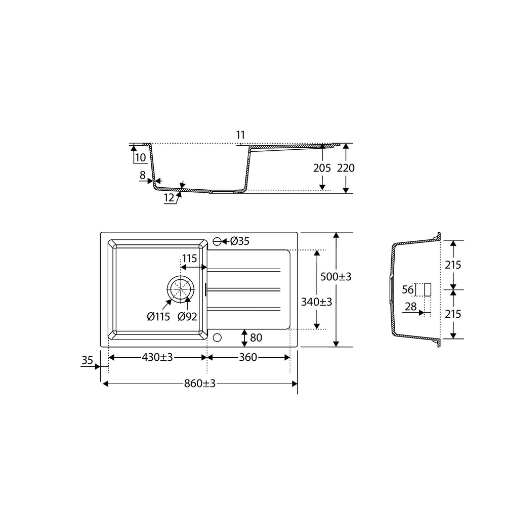 FIENZA KURO 39L SINGLE BOWL KITCHEN SINK WITH DRAINER AND TAP HOLE 860MM