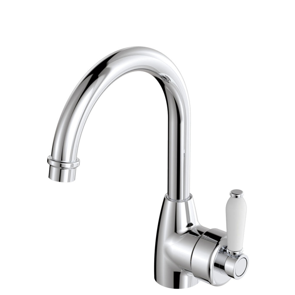 FIENZA ELEANOR GOOSENECK BASIN MIXER 264MM CERAMIC HANDLE CHROME WHITE