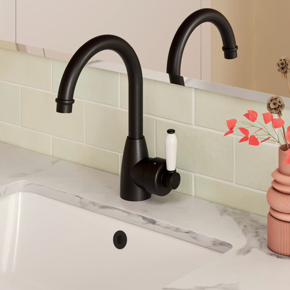 FIENZA ELEANOR GOOSENECK BASIN MIXER 264MM CERAMIC HANDLE MATTE BLACK