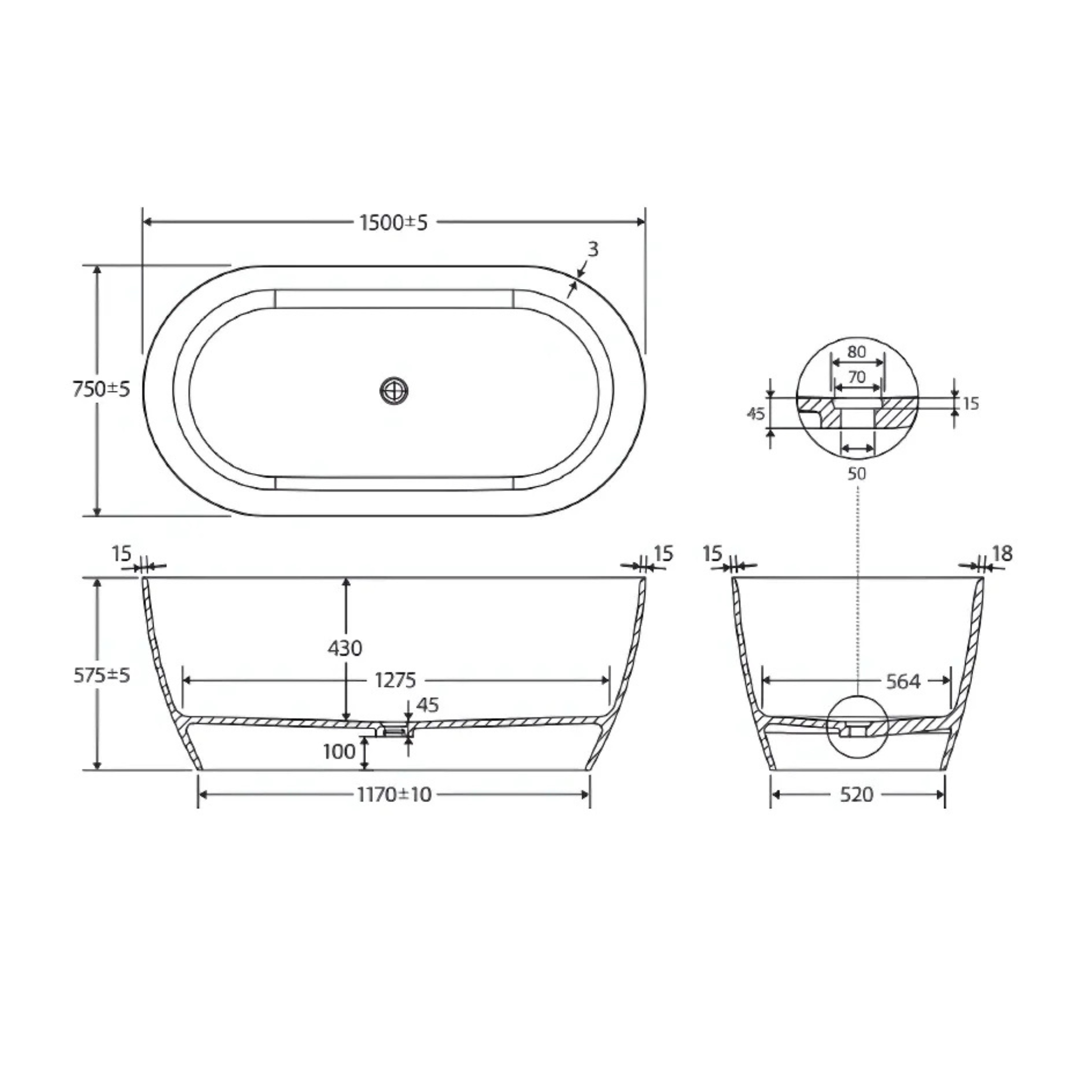 FIENZA KAYA SOLID SURFACE FREESTANDING BATHTUB MATTE WHITE (AVAILABLE IN 1500MM AND 1700MM)