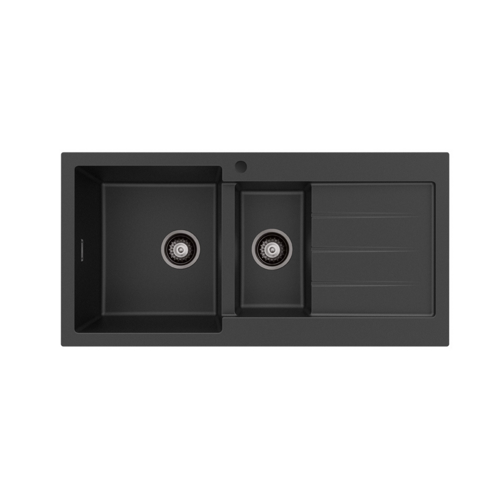 FIENZA KURO GRANITE DOUBLE BOWL KITCHEN SINK WITH DRAINER AND TAP HOLE 1000MM