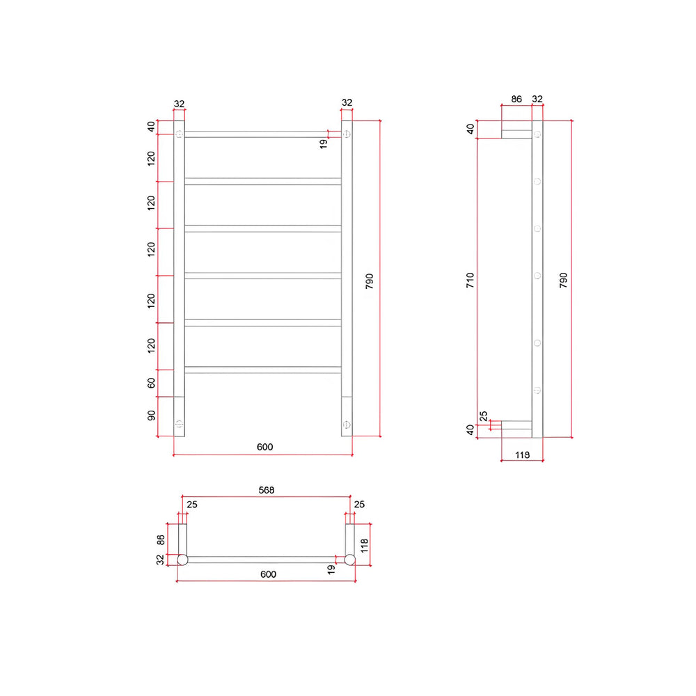 THERMOGROUP SPARTAN LIQUID-FILLED 6-BAR ROUND LADDER HEATED TOWEL RAIL POLISHED STAINLESS STEEL 600MM (CUSTOM PLATED FINISH)