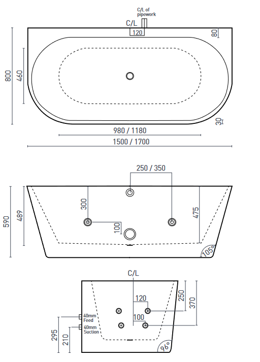 DECINA ALEGRA CONTOUR BACK-TO-WALL FREESTANDING SPA BATHTUB GLOSS WHITE (AVAILABLE IN 1500MM AND 1700MM) WITH 12-JETS