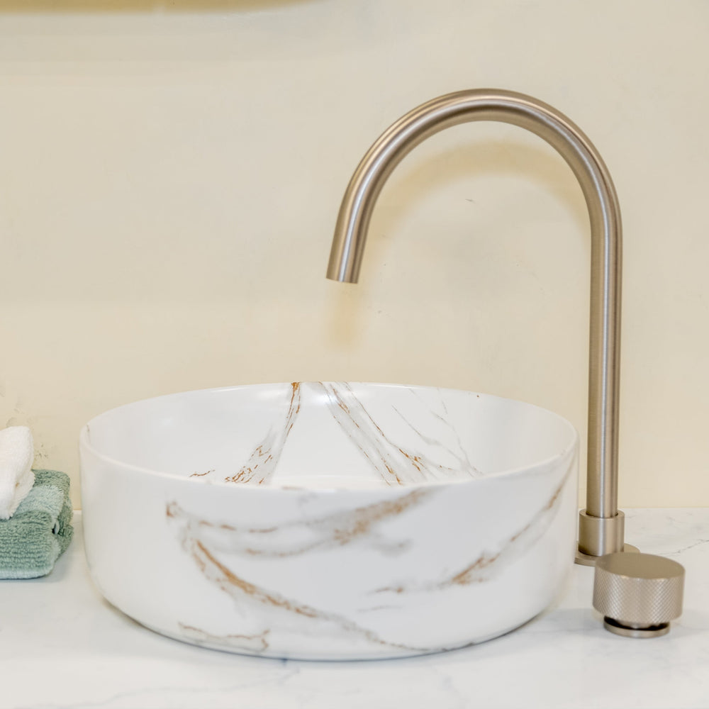 CLAYA ROUND ABOVE COUNTER BASIN MATTE WHITE CARRARA MARBLE LOOK 360MM