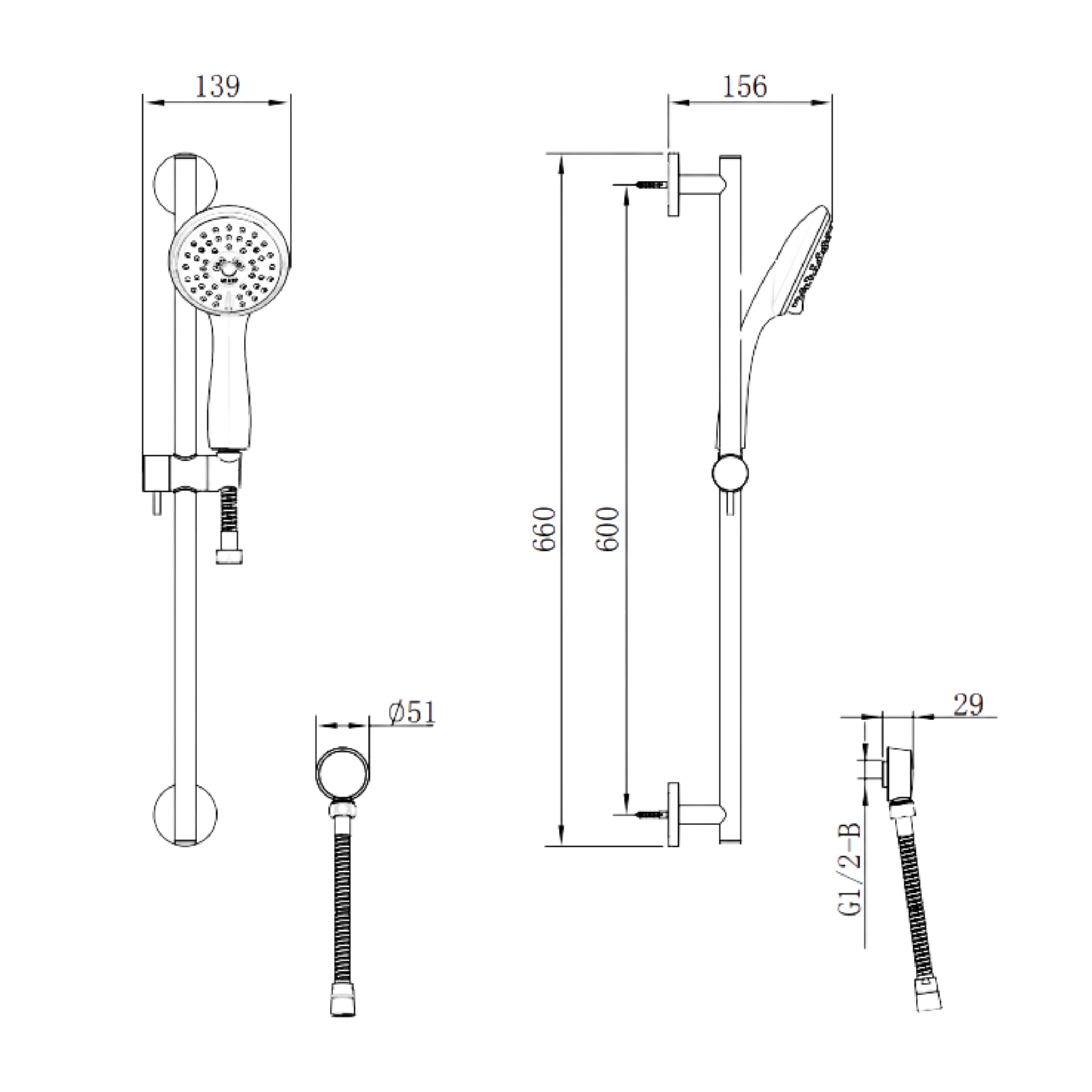 GARETH ASHTON 3-FUNCTION ROUND SHOWER ON RAIL 660MM BLACK