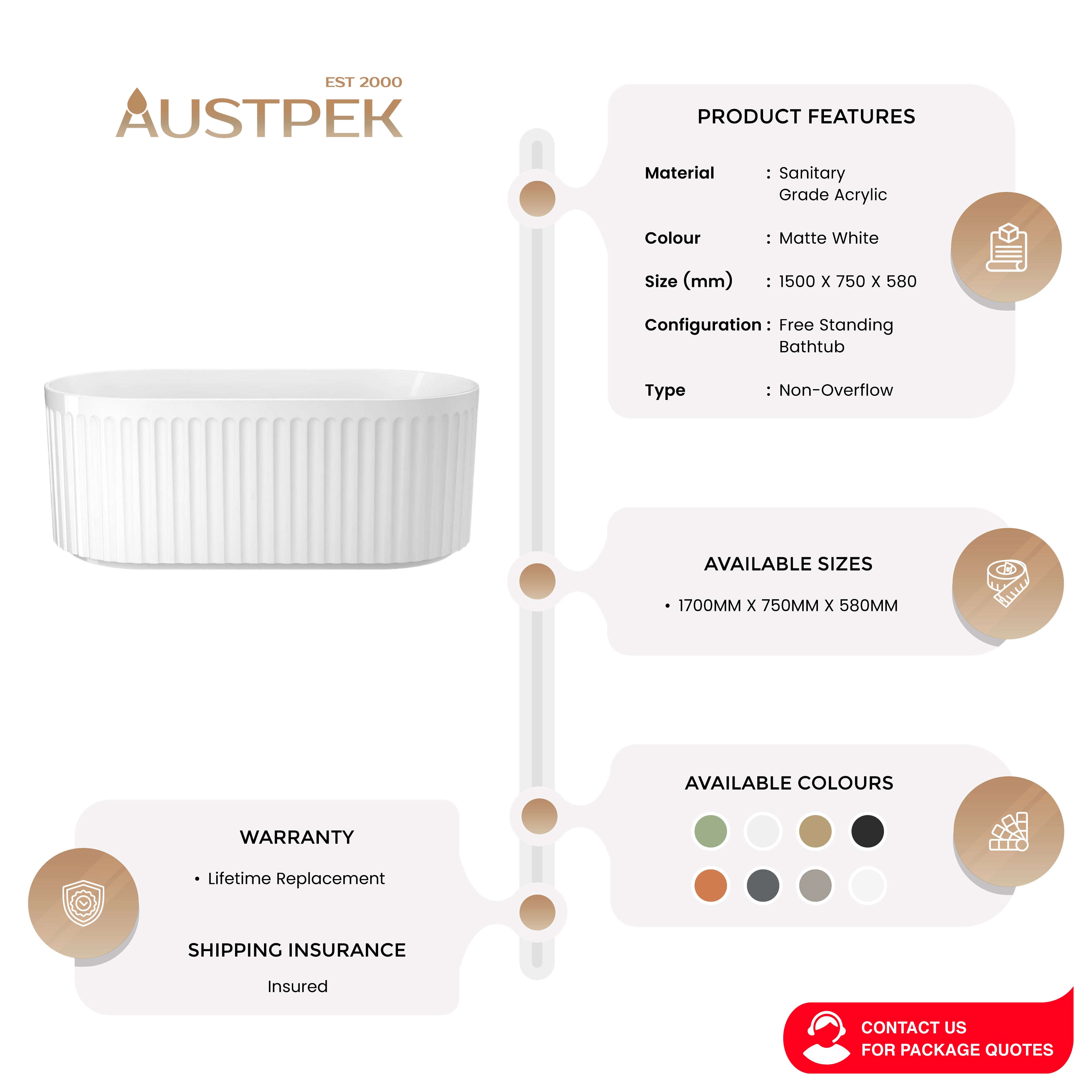 LINSOL GEORG FREESTANDING BATHTUB MATTE WHITE (AVAILABLE IN 1500MM AND 1700MM)