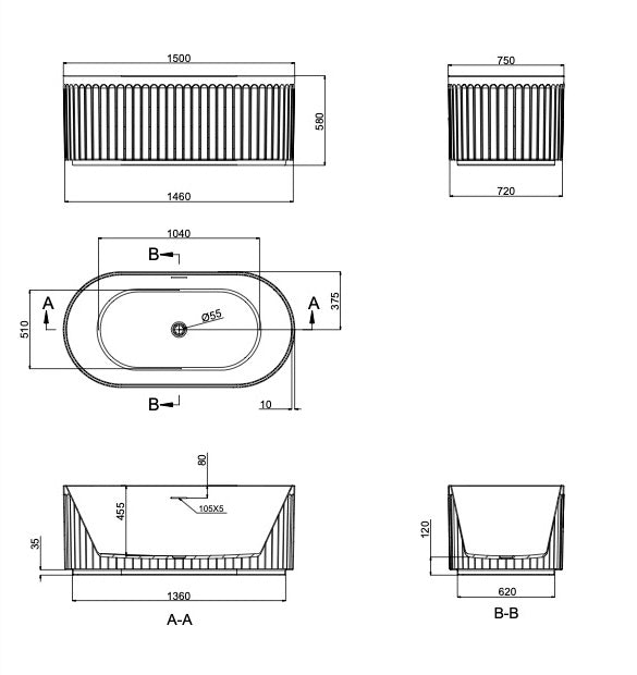 Linsol Georg Freestanding Bath 1500mm line drawing