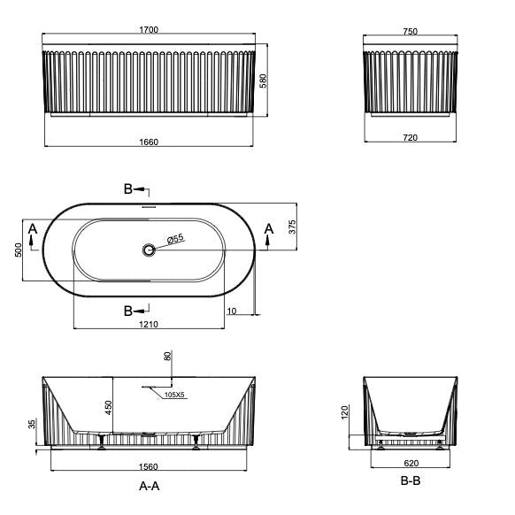 Linsol Georg Freestanding Bath 1700mm line drawing