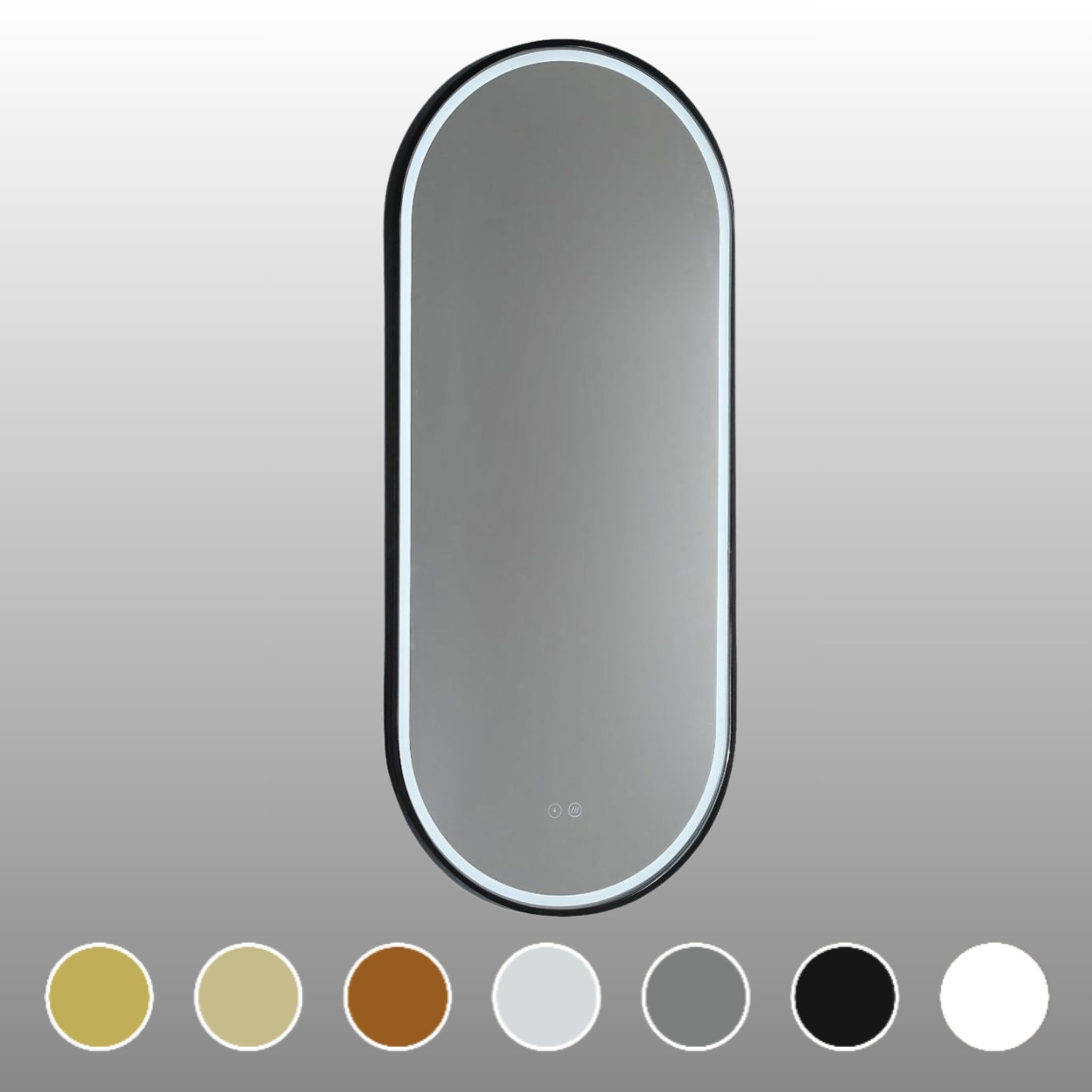 REMER GATSBY OVAL FRAMED LED MIRROR W/ DEMISTER & PORTABLE MAGNIFIER CUSTOM COLOURS 450X1200MM