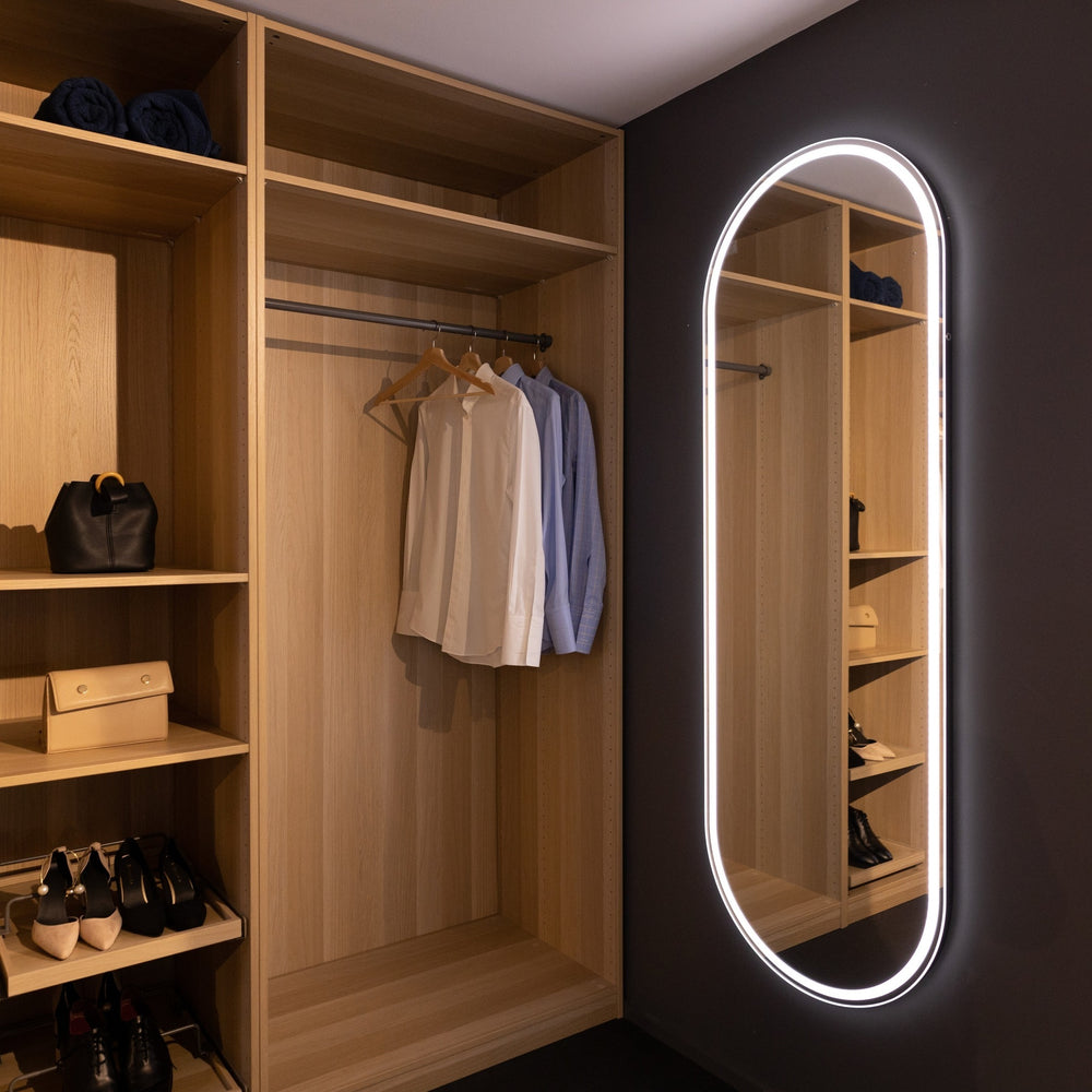REMER GATSBY OVAL FRAMED LED MIRROR WITH PORTABLE MAGNIFIER MATTE BLACK 600X1800MM