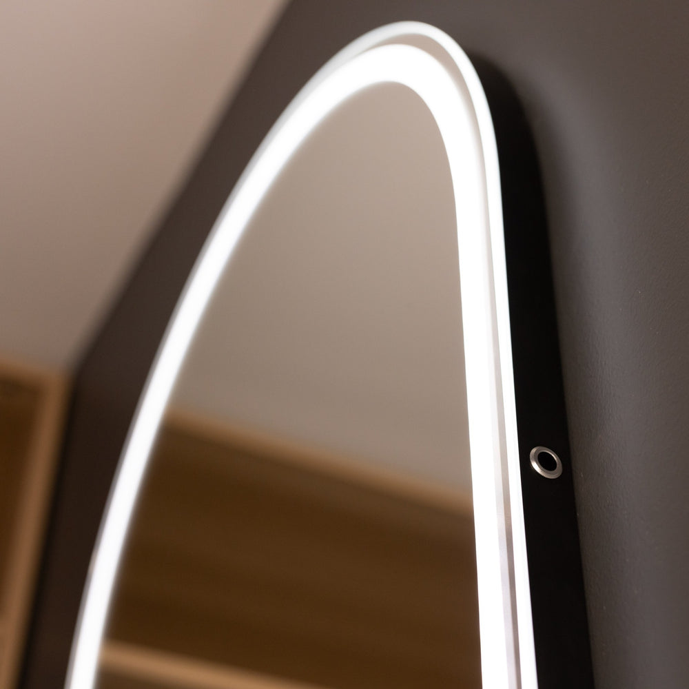 REMER GATSBY OVAL FRAMED LED MIRROR WITH PORTABLE MAGNIFIER MATTE BLACK 600X1800MM