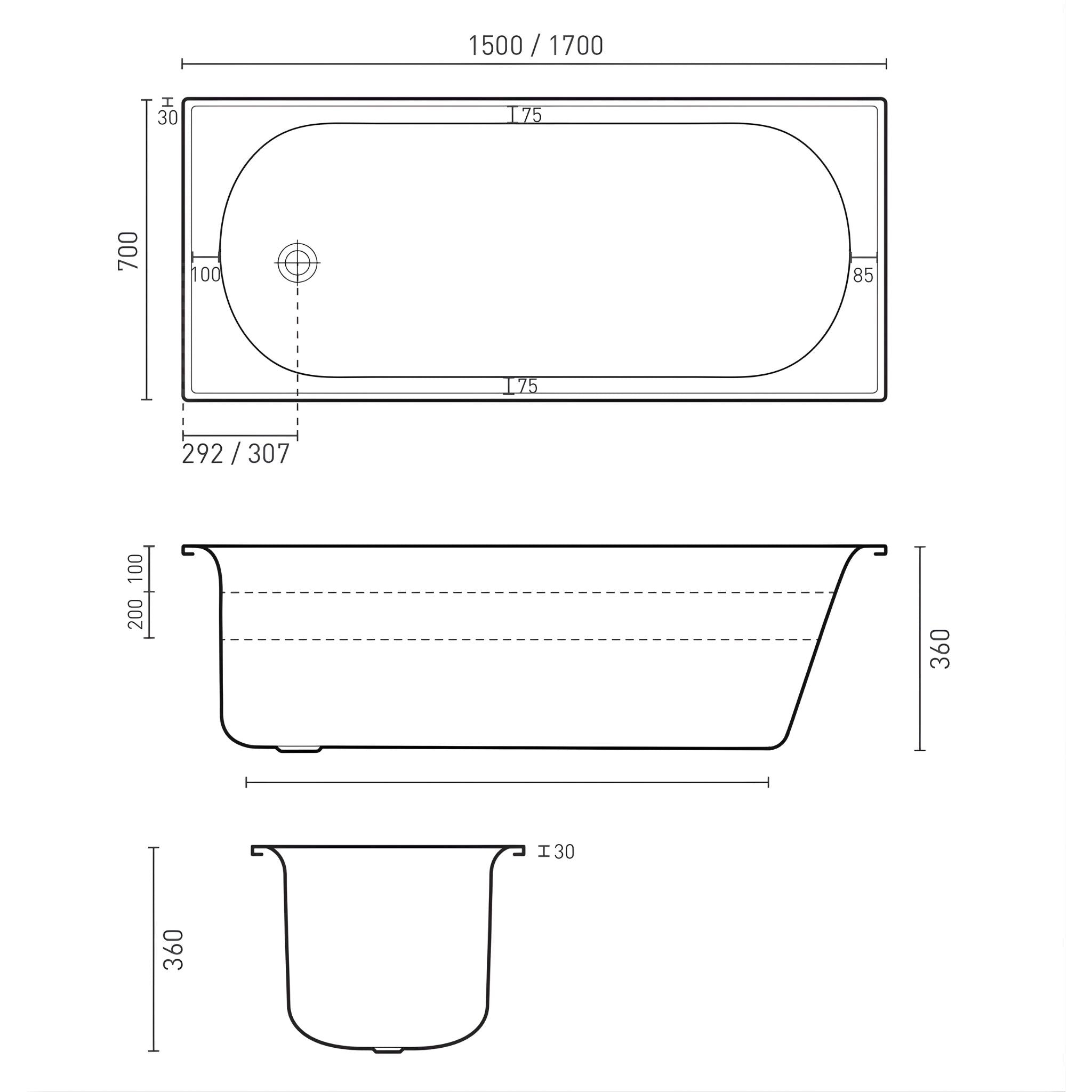 DECINA GIORGIA ISLAND/ INSET PRESSED METAL BATH GLOSS WHITE (AVAILABLE IN 1500MM AND 1700MM)