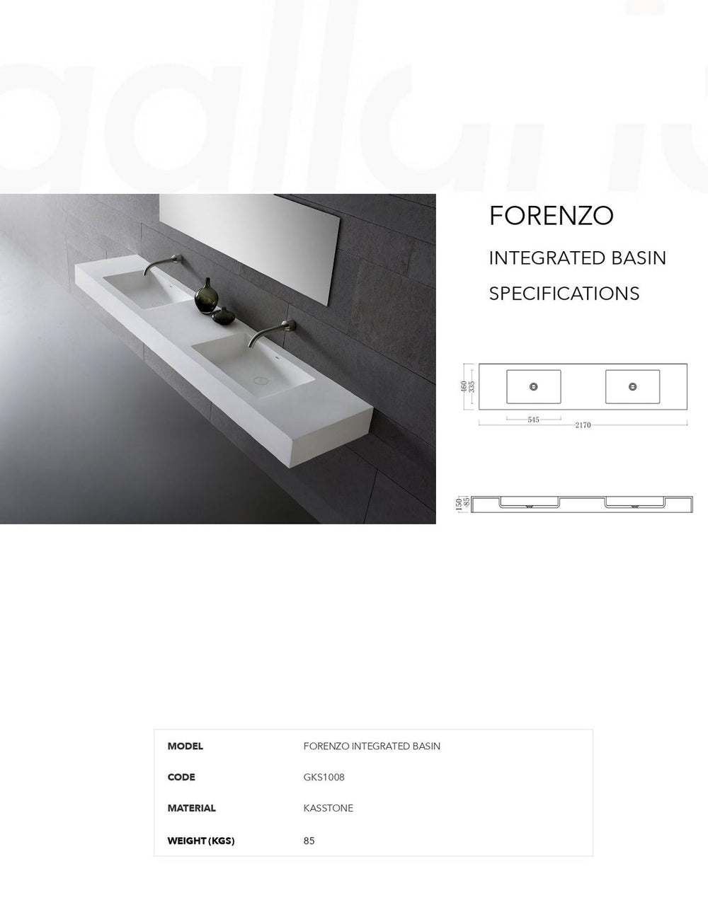 GALLARIA FORENZO RECTANGULAR WALL HUNG STONE BASIN WHITE 2170MM