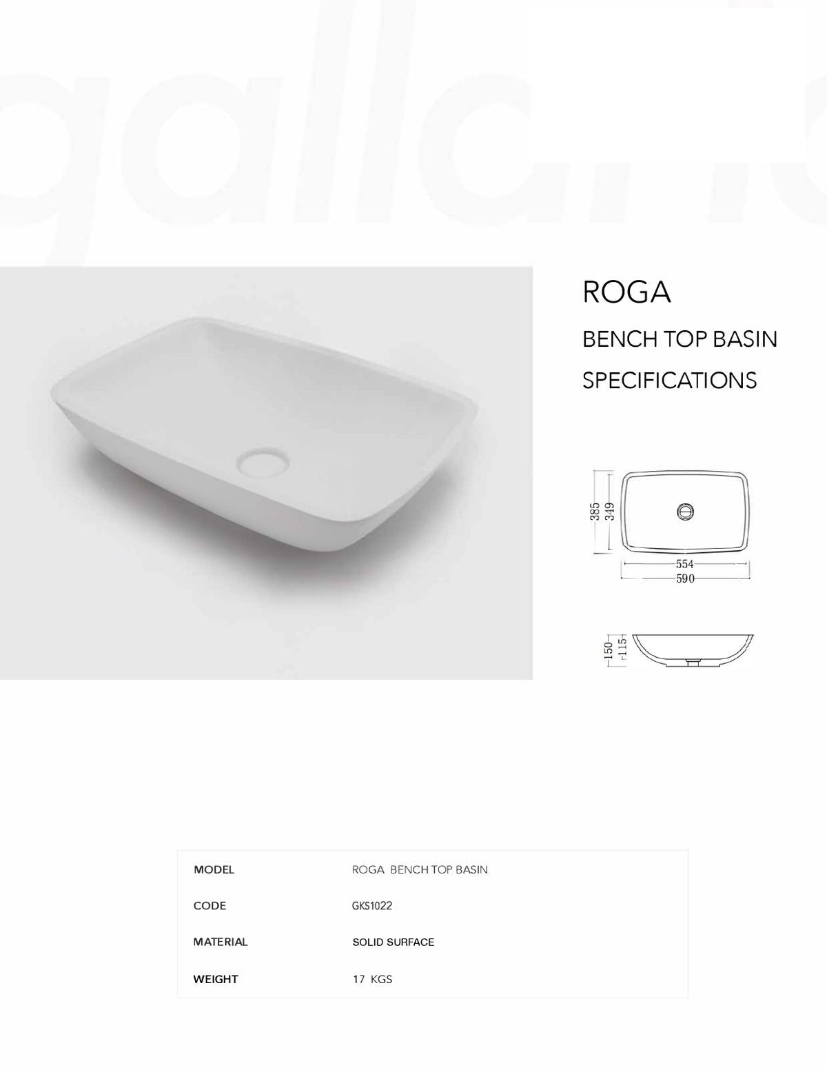 GALLARIA ROGA RECTANGULAR ABOVE COUNTER STONE BASIN WHITE 590MM