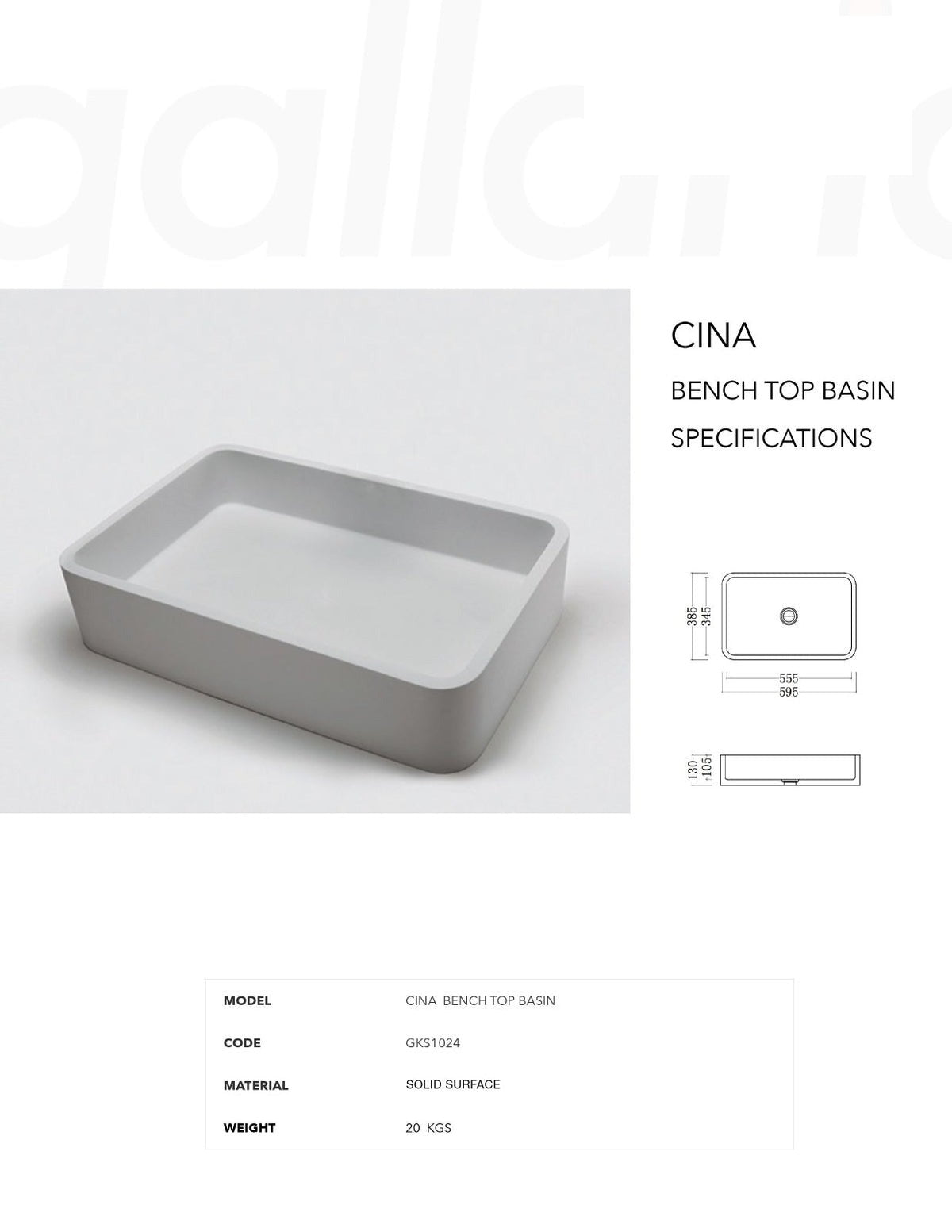 GALLARIA CINA RECTANGULAR ABOVE COUNTER STONE BASIN WHITE 595MM