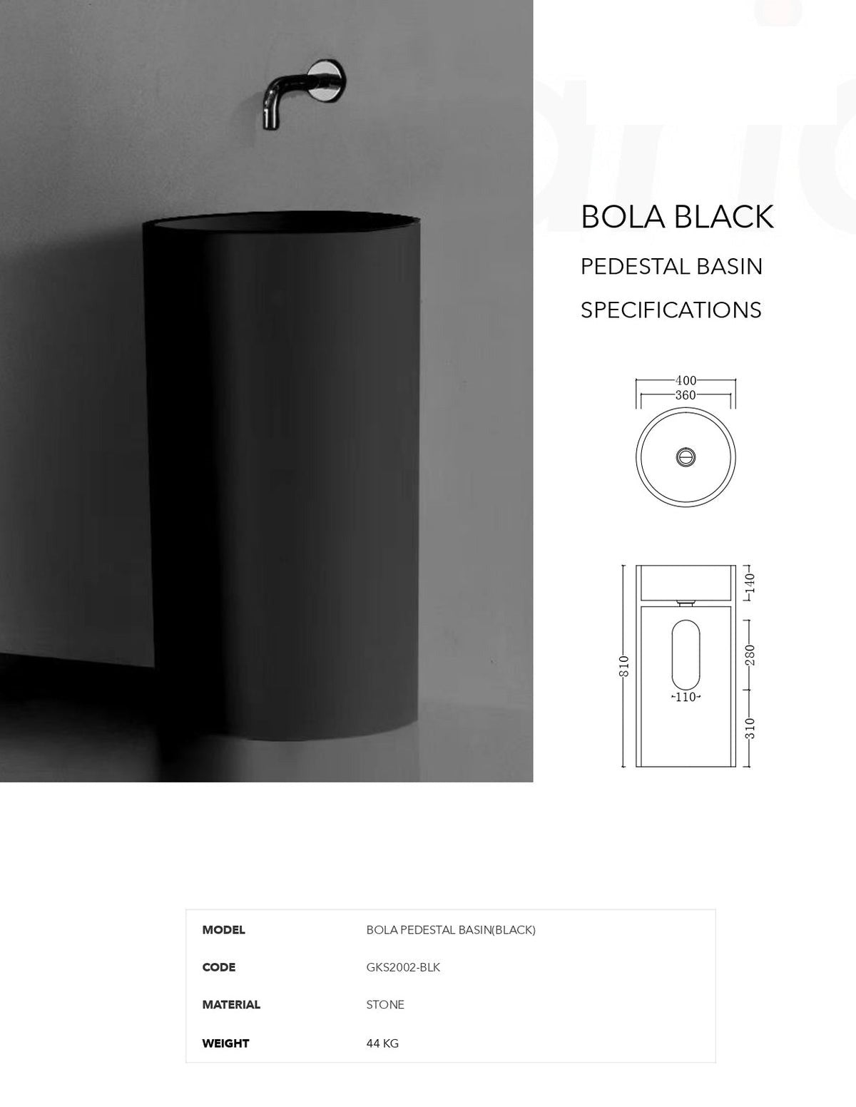 GALLARIA BOLA FREESTANDING PEDESTAL STONE BASIN BLACK 400MM X 810MM