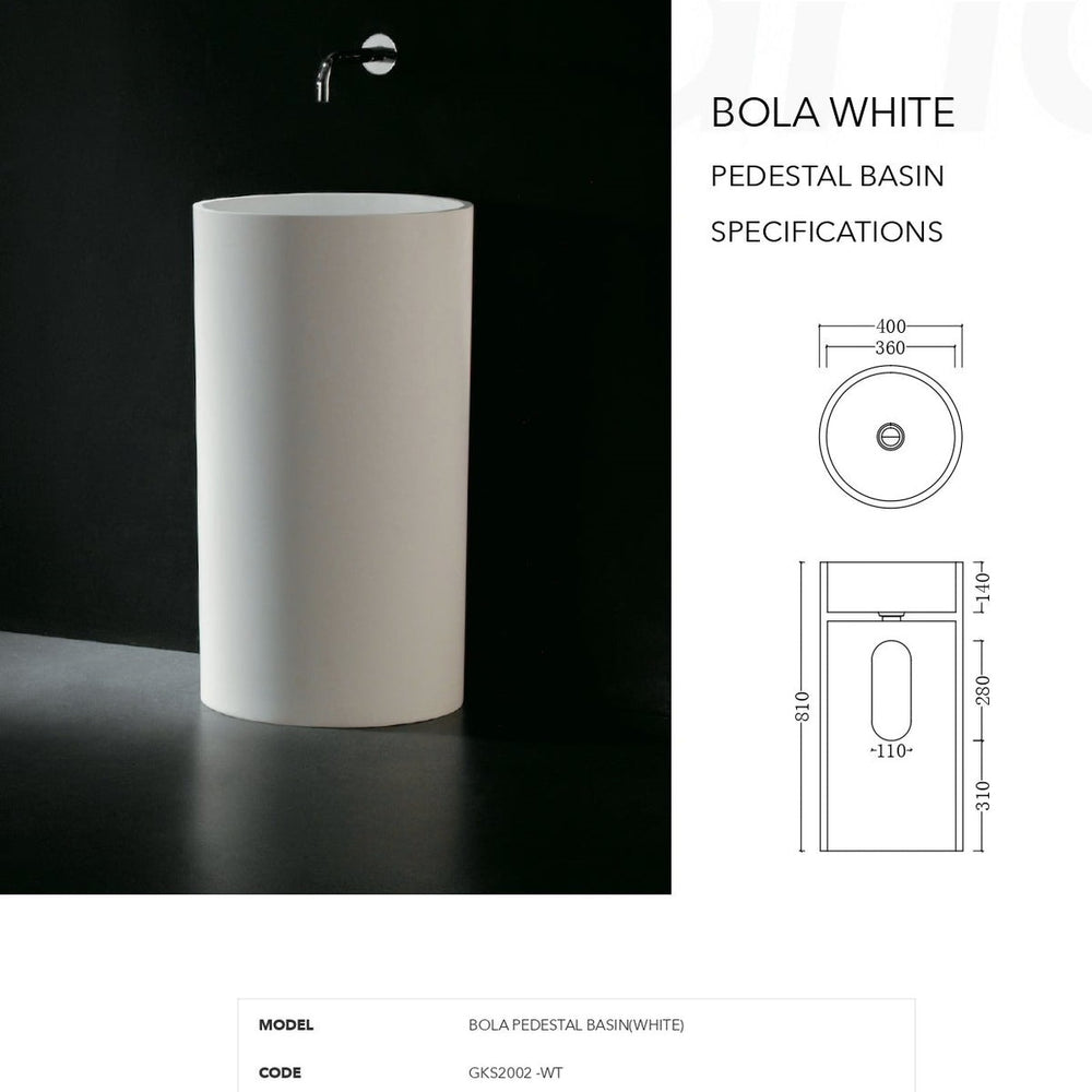 GALLARIA BOLA FREESTANDING PEDESTAL STONE BASIN WHITE 400MM X 810MM