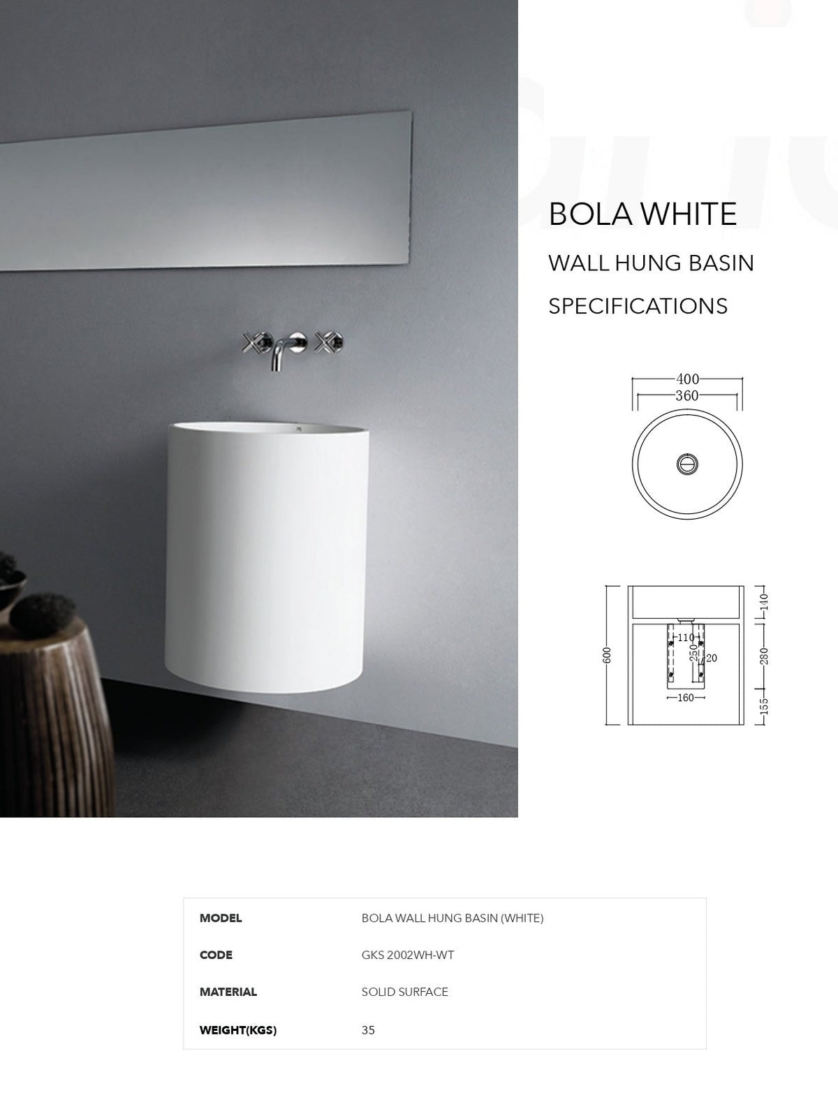 GALLARIA BOLA ROUND WALL HUNG STONE BASIN WHITE 400MM X 600MM