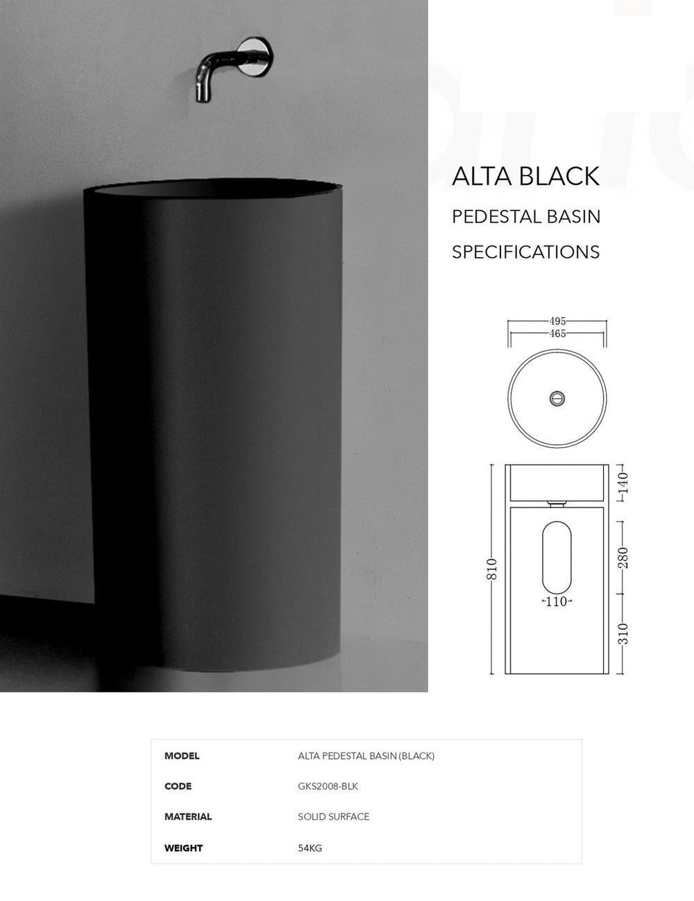 GALLARIA ALTA FREESTANDING PEDESTAL STONE BASIN BLACK 495MM X 810MM