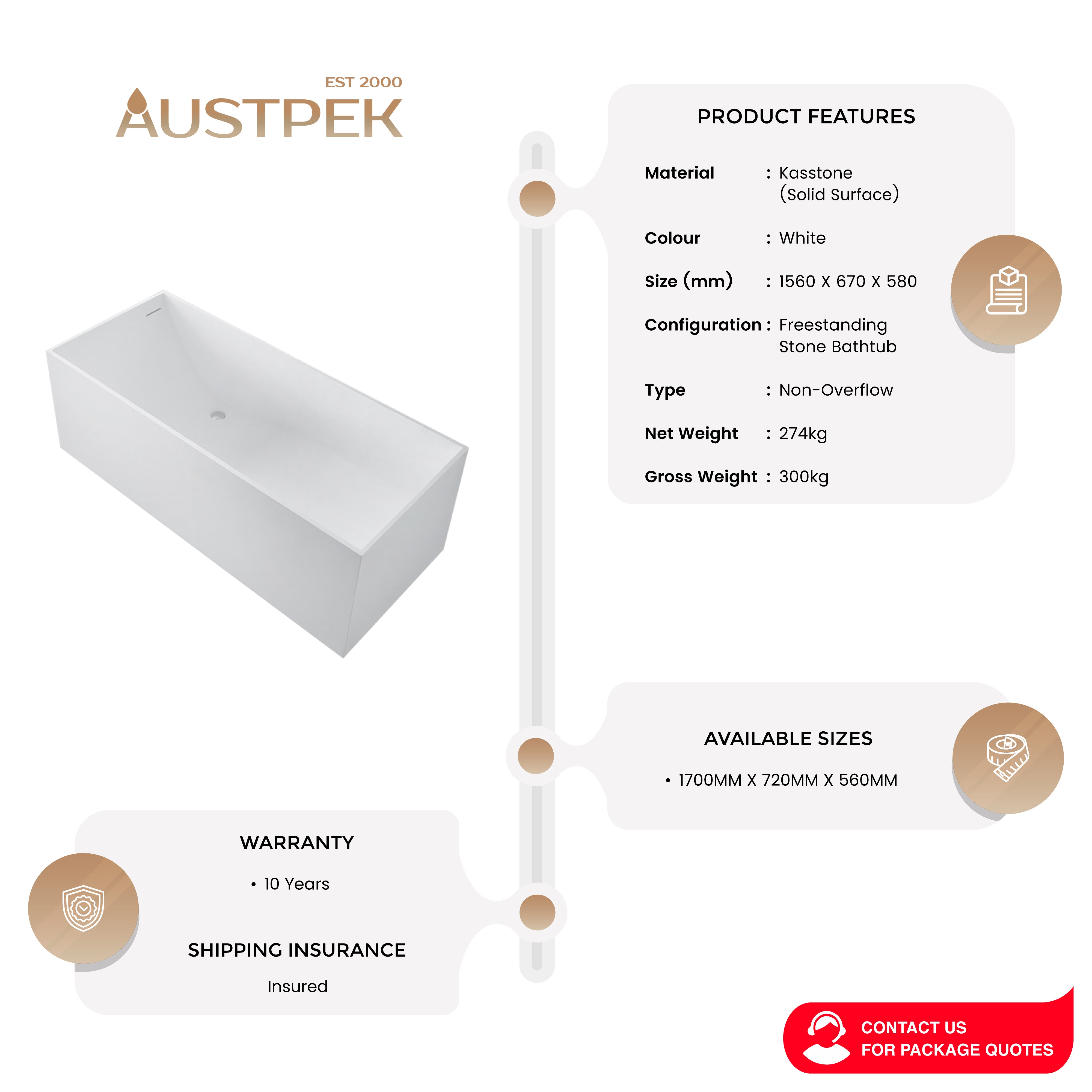 GALLARIA ANZO FREESTANDING STONE BATHTUB WHITE (AVAILABLE IN 1560MM AND 1700MM)
