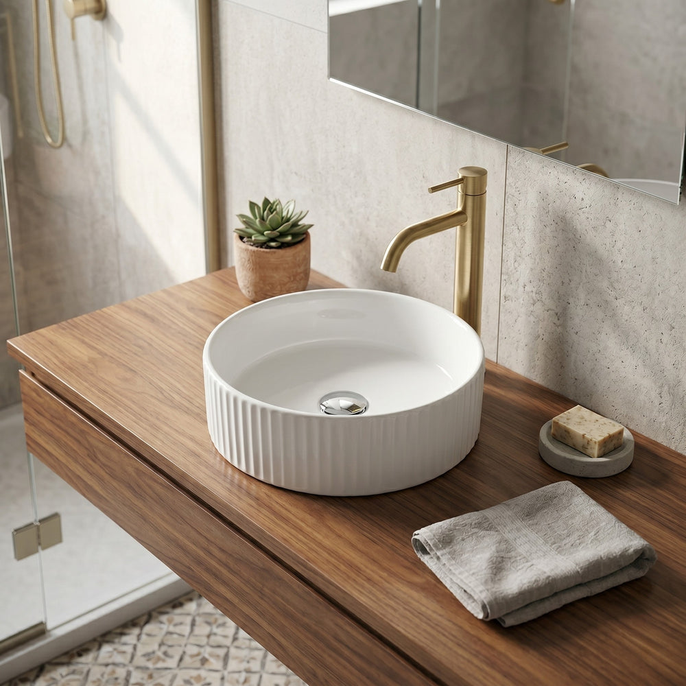 VITO GENEVA FLUTED ROUND ABOVE COUNTER BASIN GLOSS WHITE 400MM