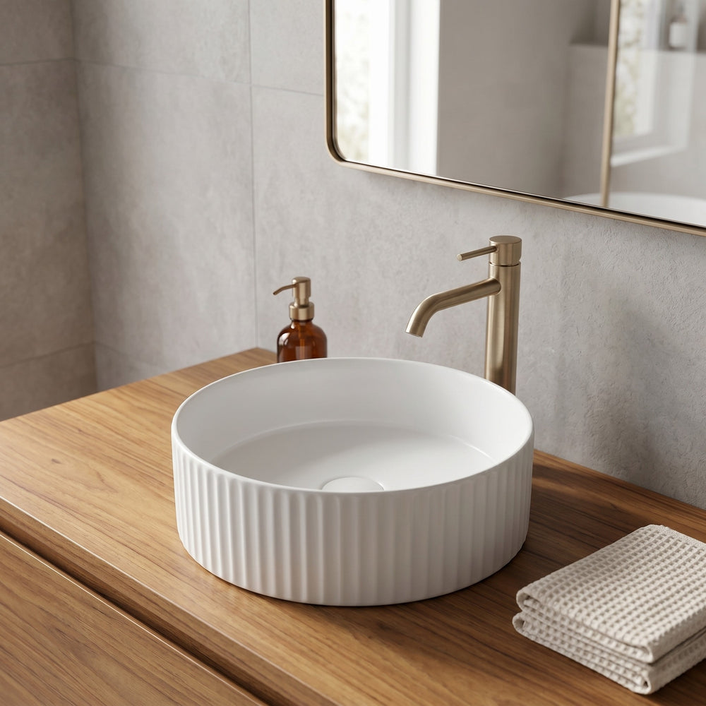 VITO GENEVA FLUTED ROUND ABOVE COUNTER BASIN MATTE WHITE 400MM