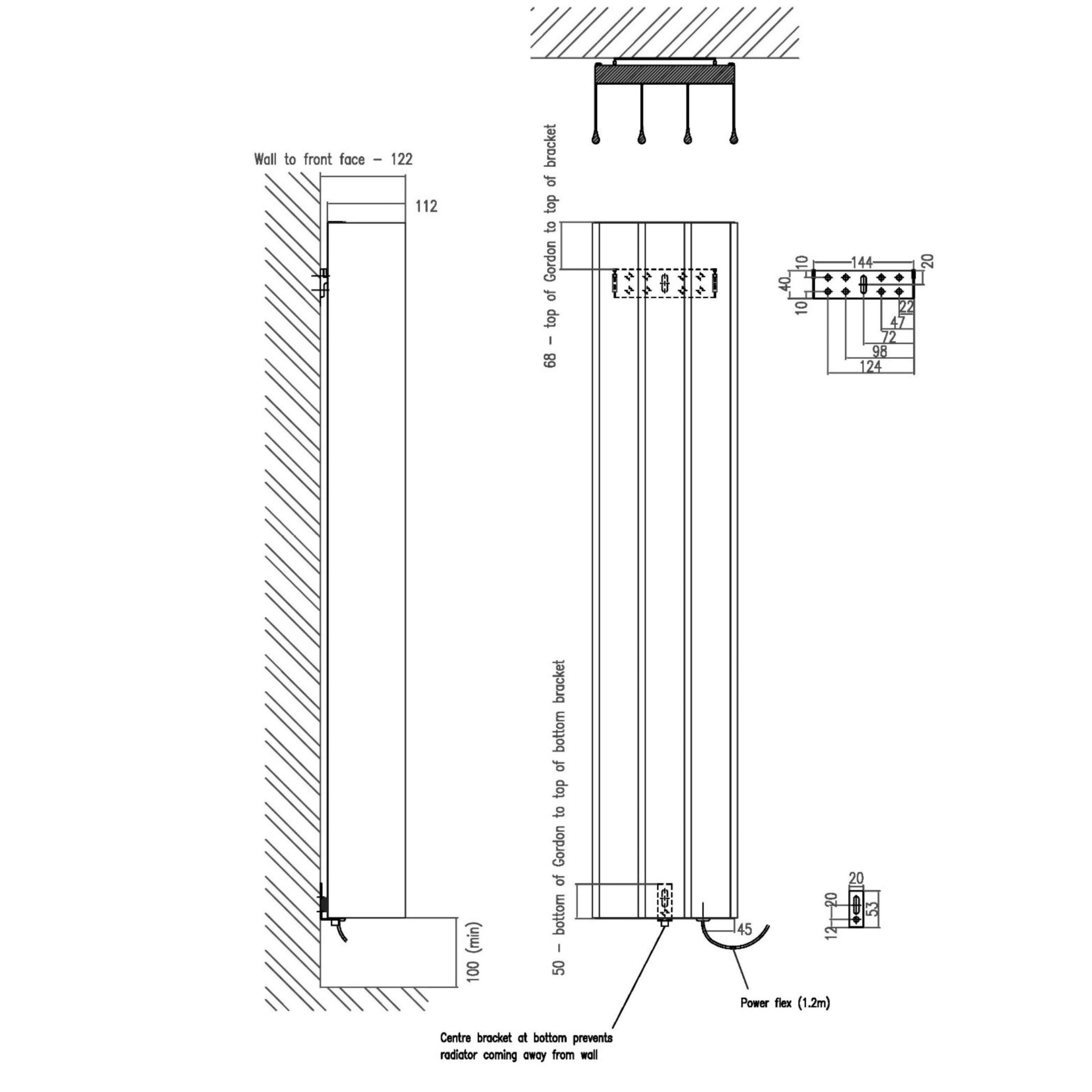 ESKIMO GORDON VERTICAL SINGLE HEATED TOWEL RAIL BLACK 208MM