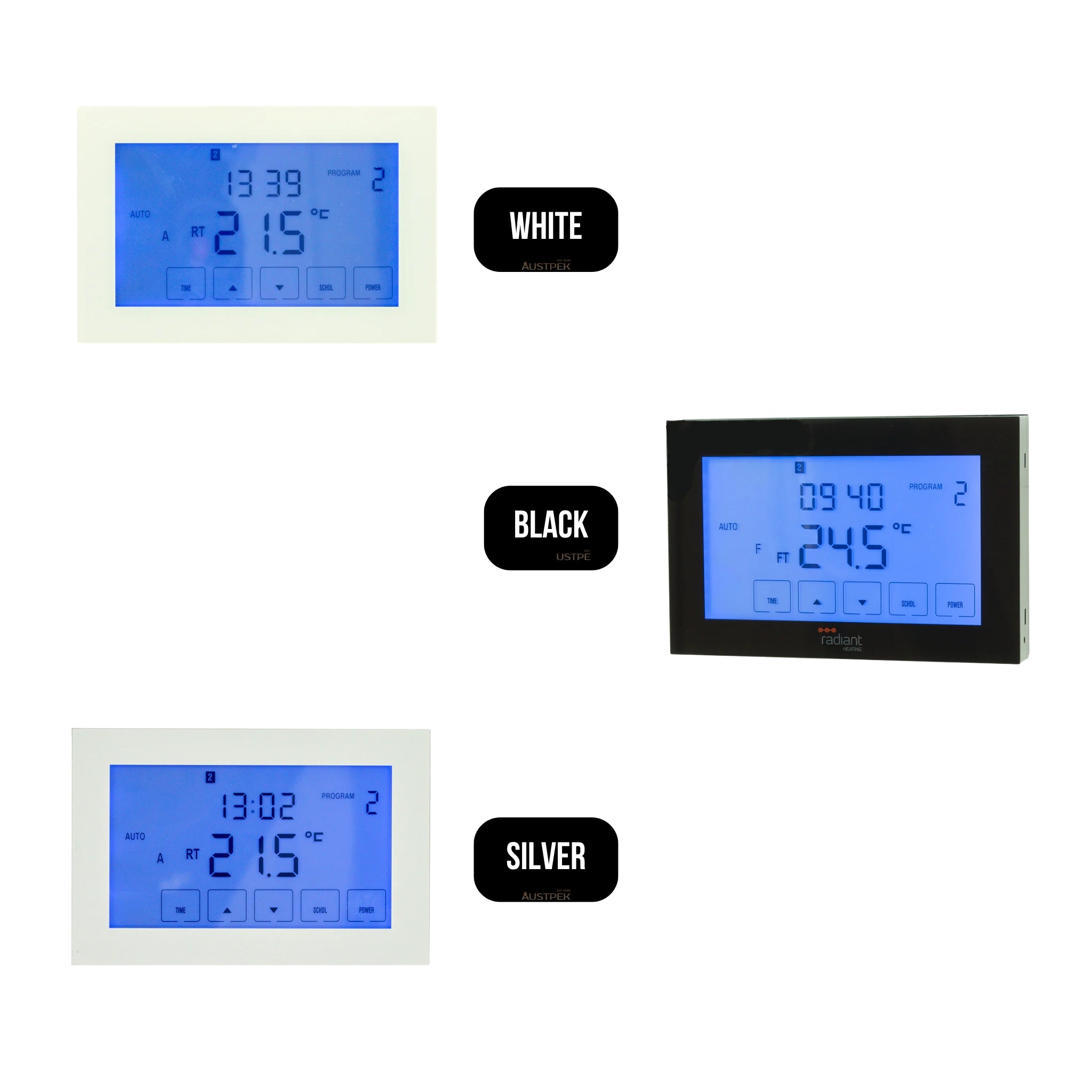 RADIANT HEATING GLASS FRONTED TOUCH SCREEN THERMOSTAT HORIZONTAL MOUNTED WHITE 120MM