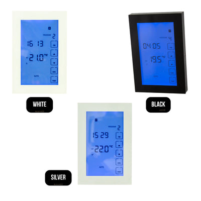 RADIANT HEATING GLASS FRONTED TOUCH SCREEN THERMOSTAT VERTICAL MOUNTED BLACK 120MM