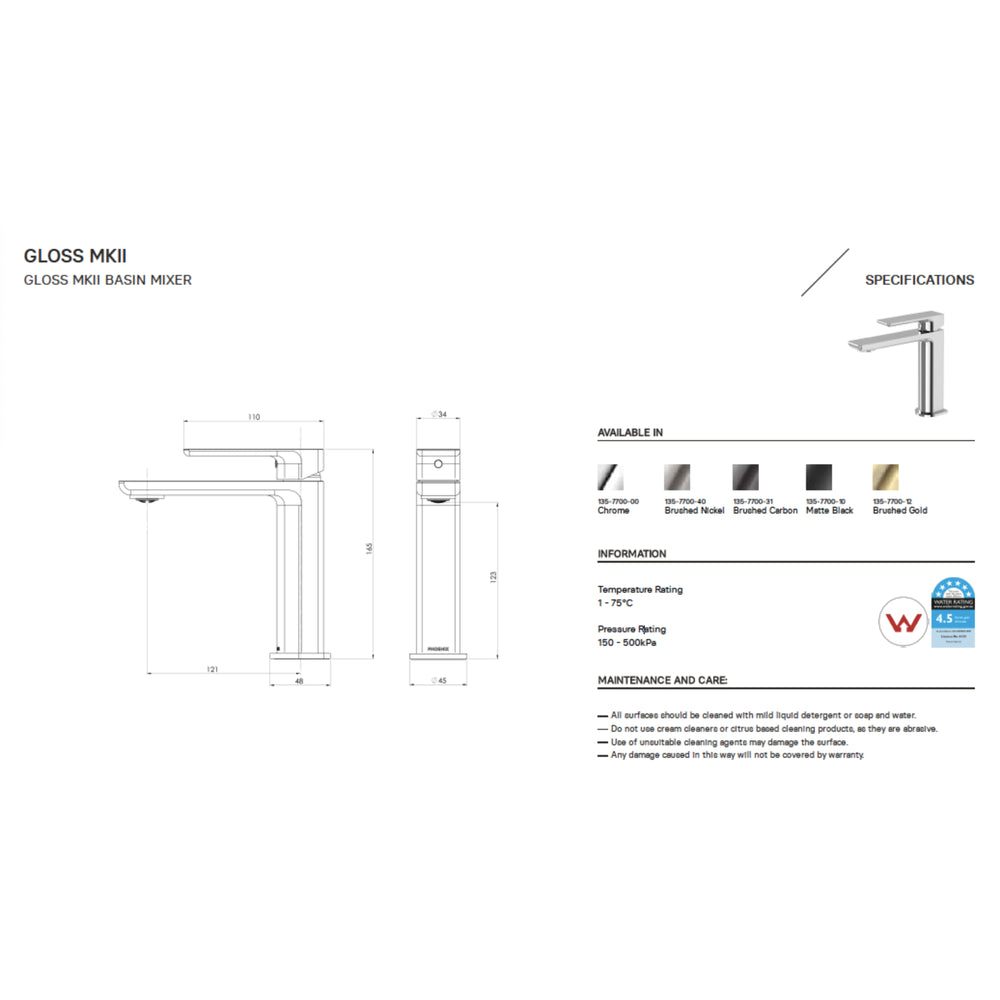 PHOENIX GLOSS MKII BASIN MIXER 165MM MATTE BLACK