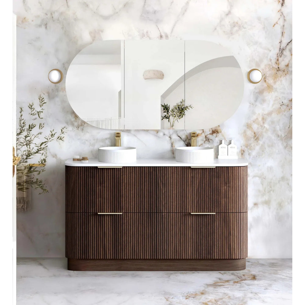 OTTI HAVANA SABLE WALNUT FLUTED 1500MM CURVE DOUBLE BOWL FLOOR STANDING VANITY