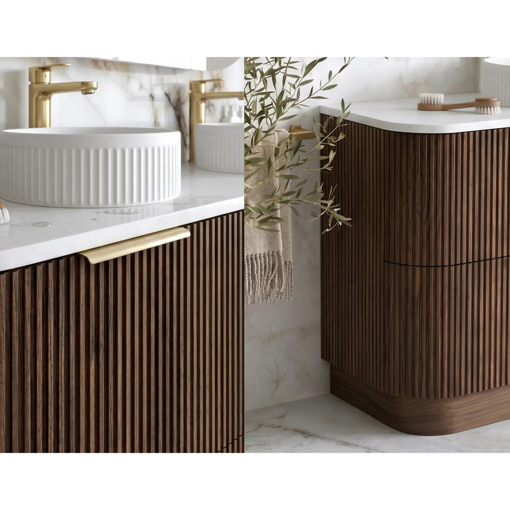 OTTI HAVANA SABLE WALNUT FLUTED 1500MM CURVE DOUBLE BOWL FLOOR STANDING VANITY