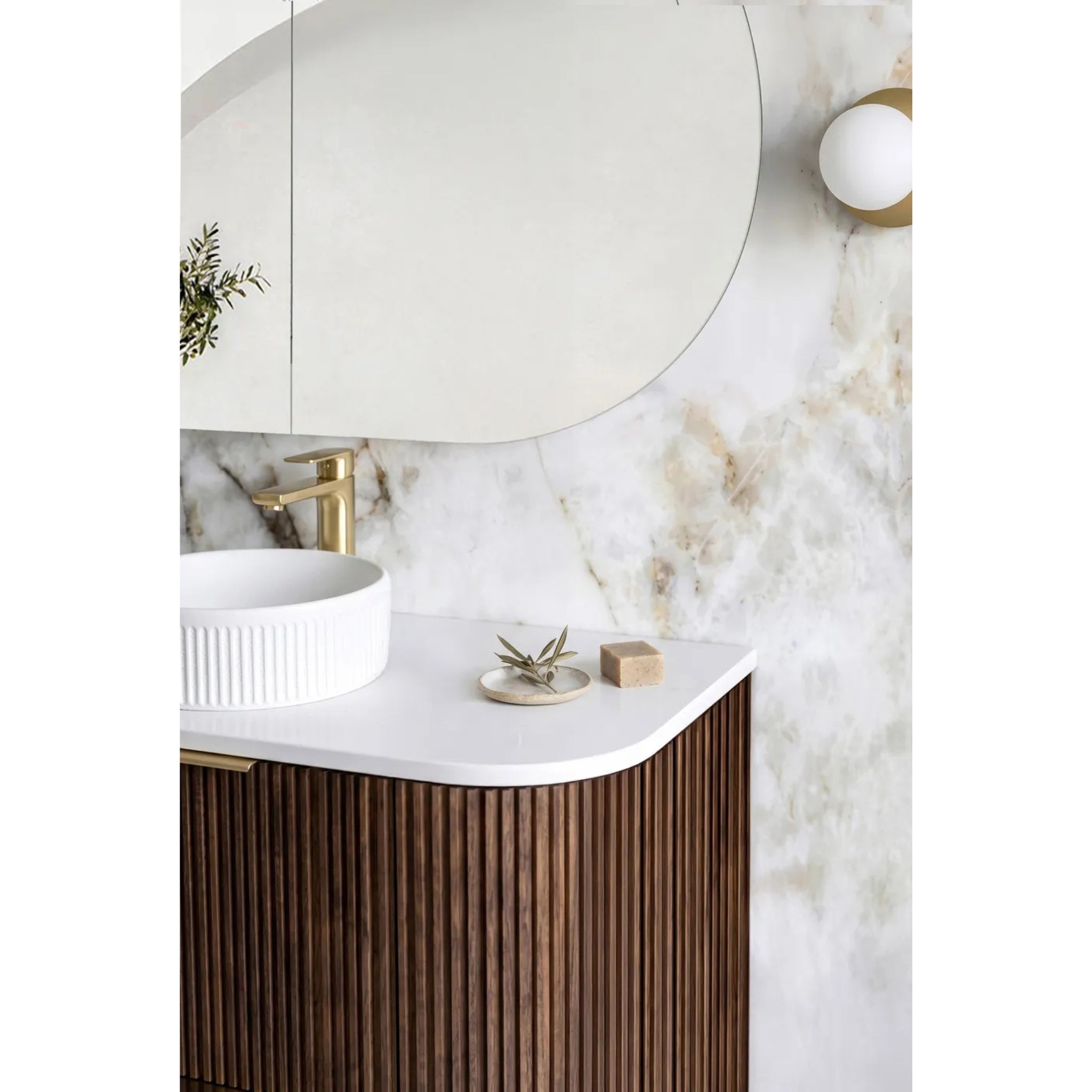 OTTI HAVANA SABLE WALNUT FLUTED 1800MM CURVE DOUBLE BOWL FLOOR STANDING VANITY