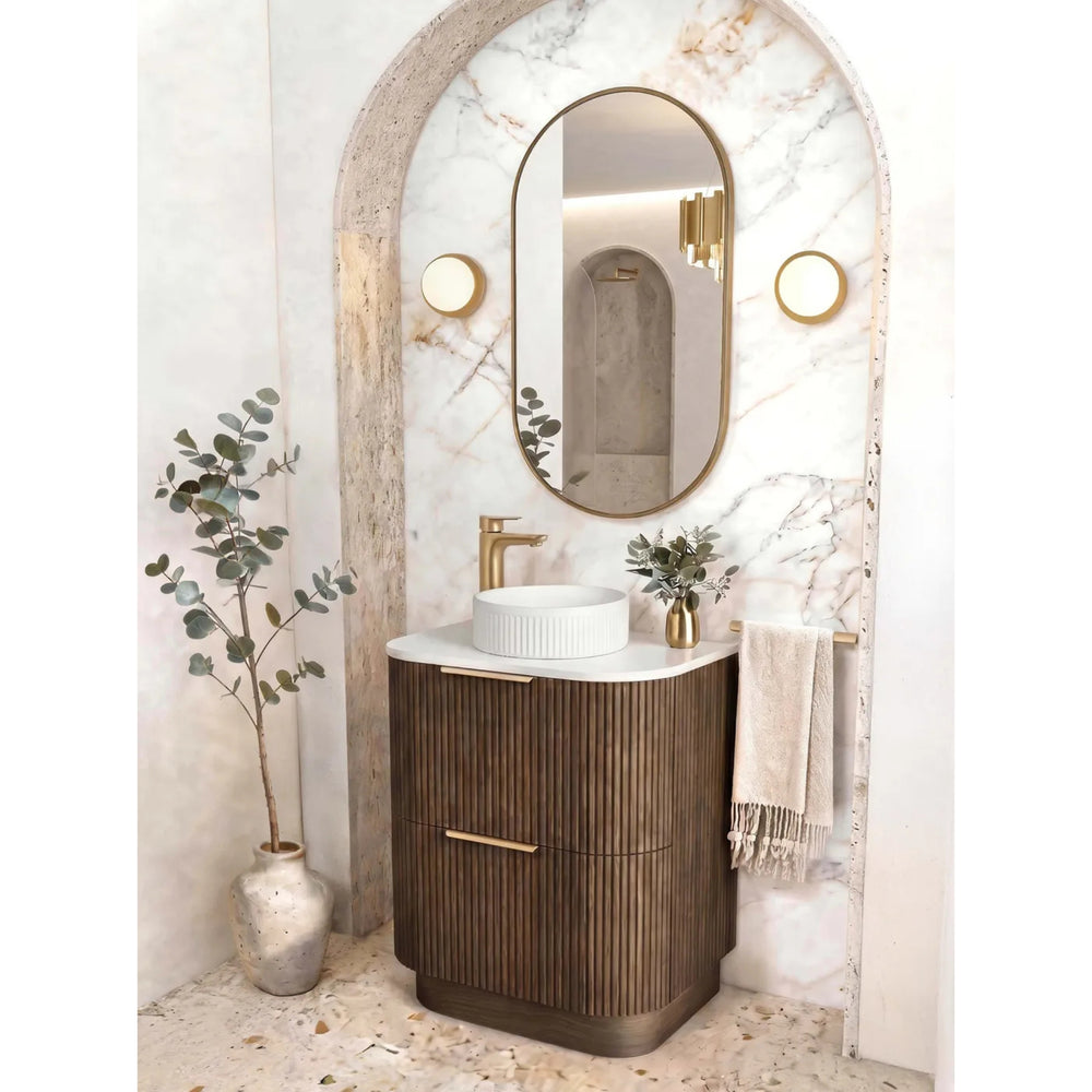 OTTI HAVANA SABLE WALNUT FLUTED 600MM CURVE SINGLE BOWL FLOOR STANDING VANITY