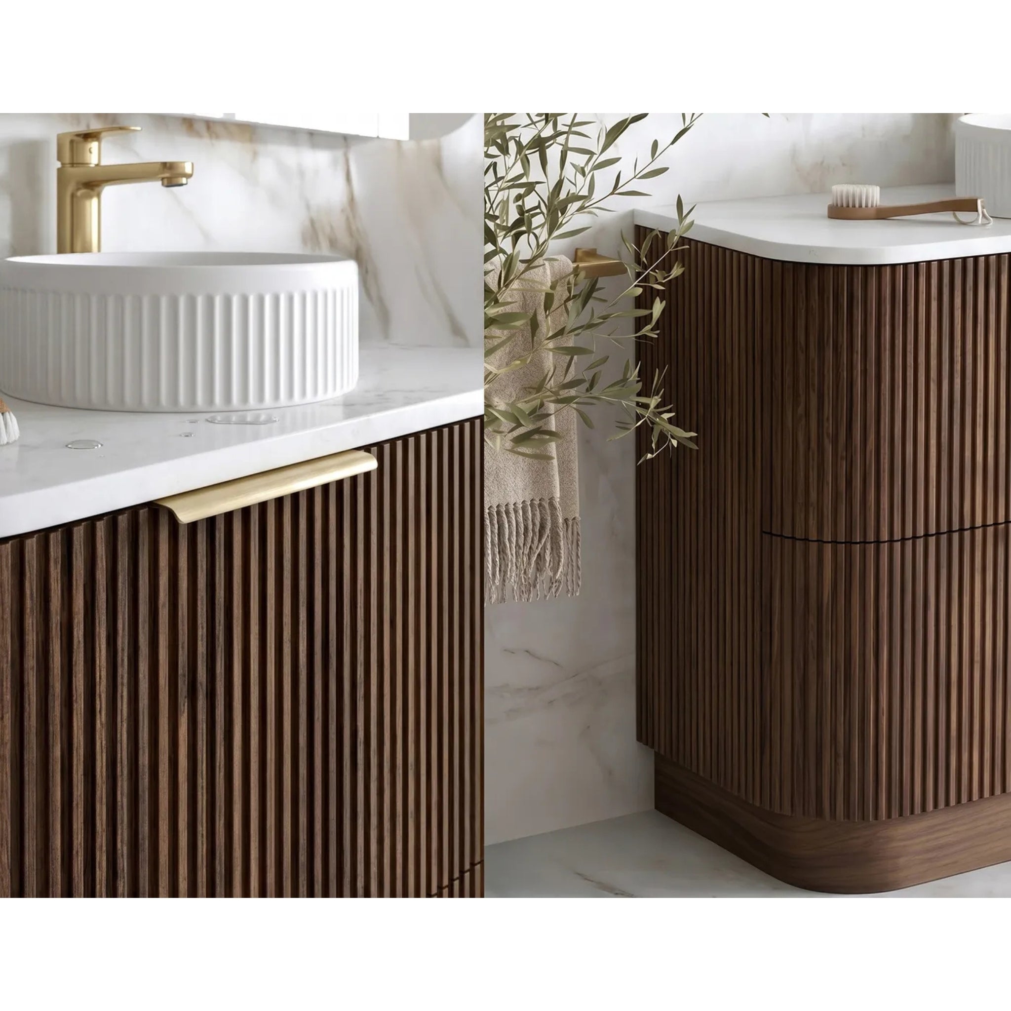 OTTI HAVANA SABLE WALNUT FLUTED 600MM CURVE SINGLE BOWL FLOOR STANDING VANITY