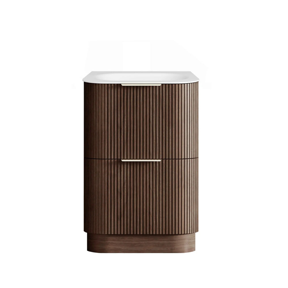 OTTI HAVANA SABLE WALNUT FLUTED 600MM CURVE SINGLE BOWL FLOOR STANDING VANITY