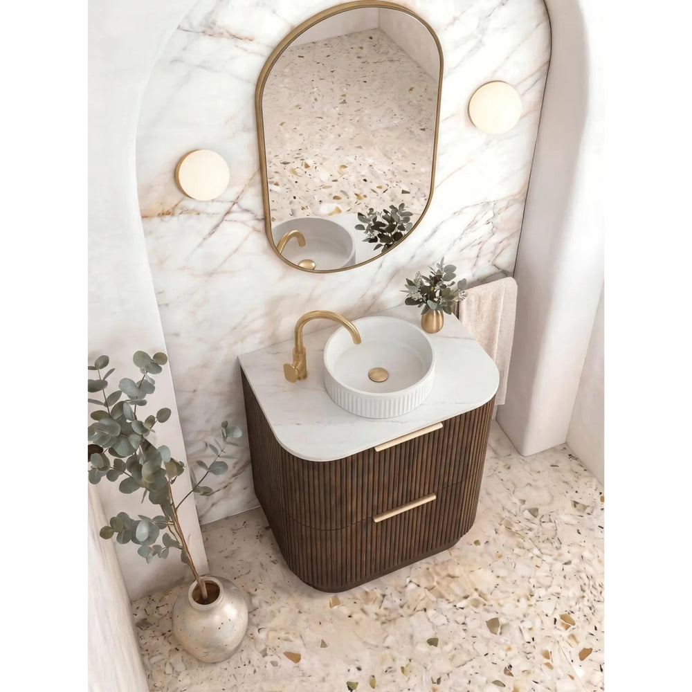 OTTI HAVANA SABLE WALNUT FLUTED 750MM CURVE SINGLE BOWL FLOOR STANDING VANITY