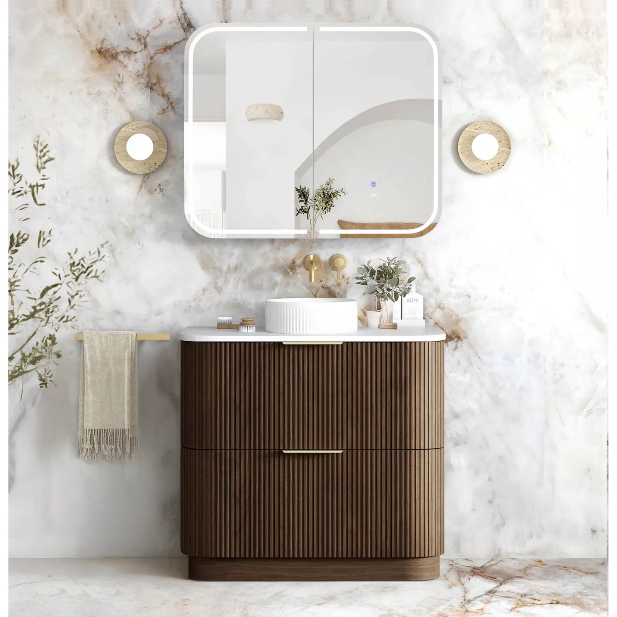 OTTI HAVANA SABLE WALNUT FLUTED 900MM CURVE SINGLE BOWL FLOOR STANDING VANITY