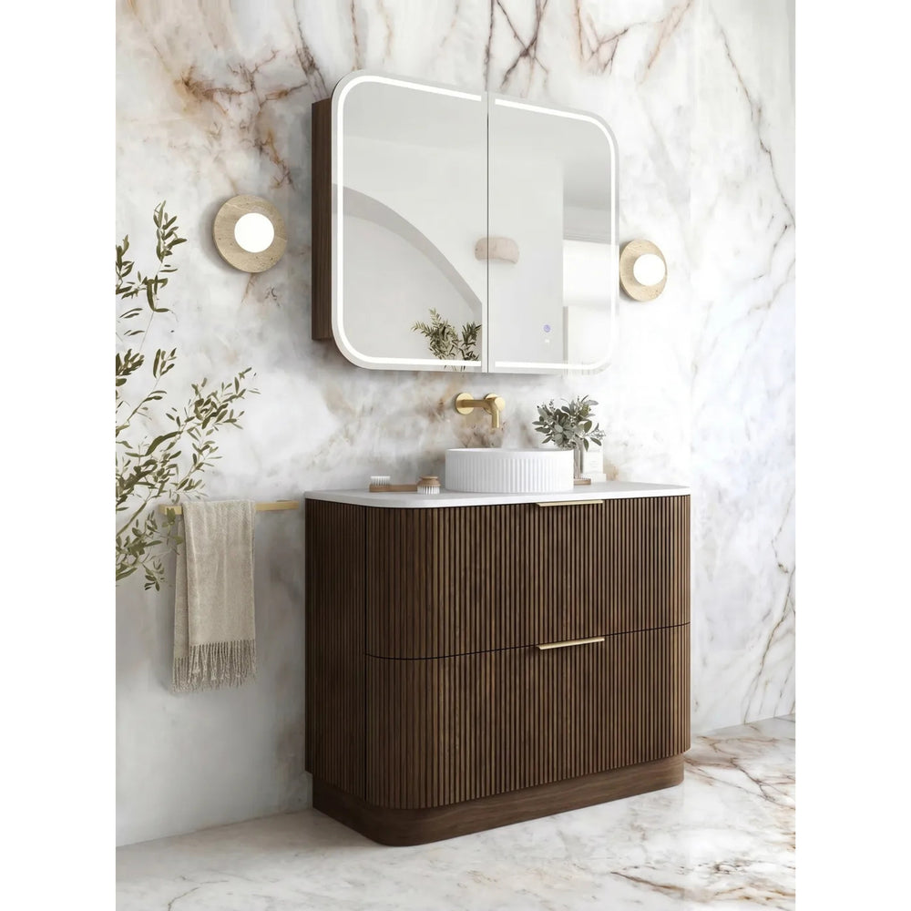 OTTI HAVANA SABLE WALNUT FLUTED 900MM CURVE SINGLE BOWL FLOOR STANDING VANITY