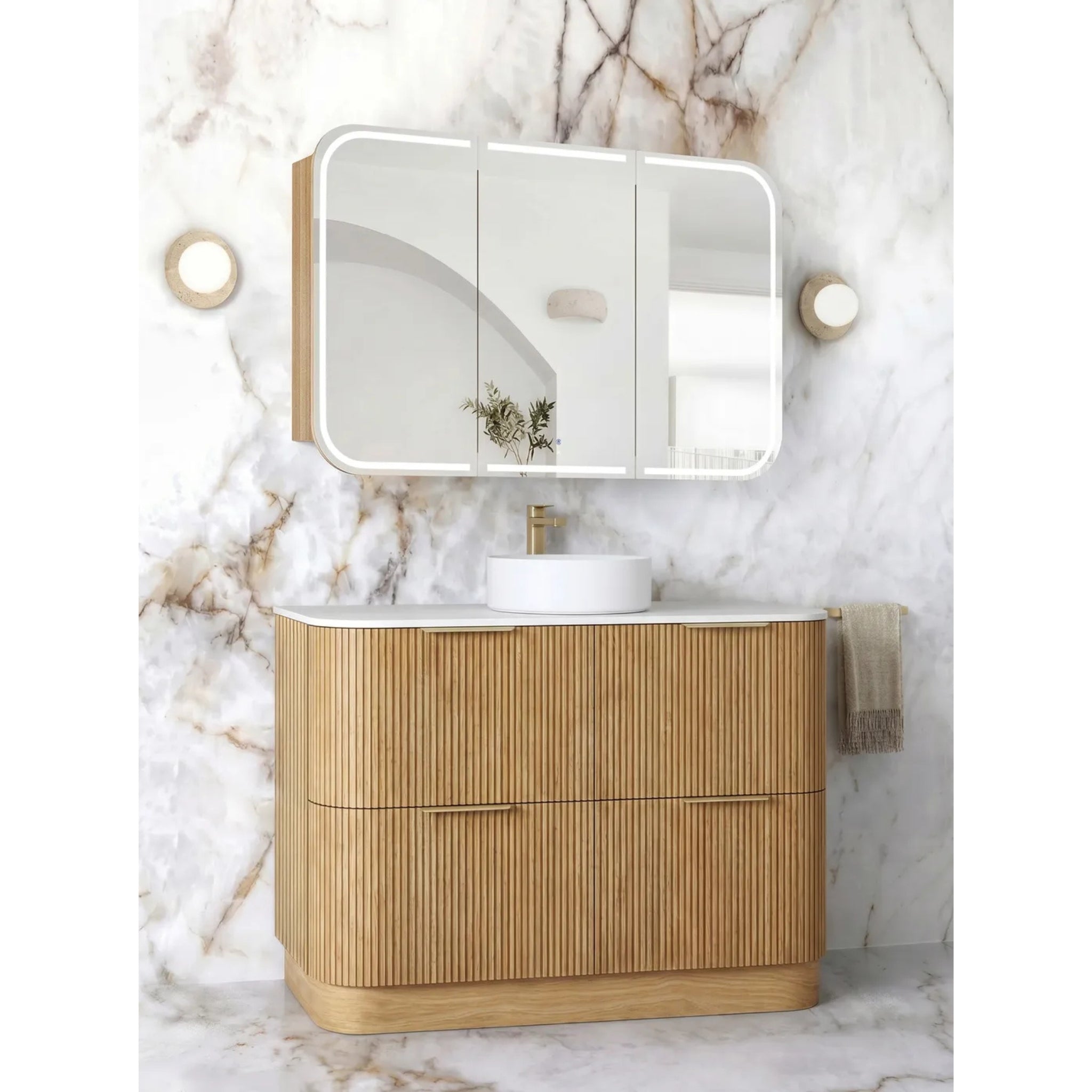 OTTI HAVANA WOODLAND OAK FLUTED 1200MM CURVE SINGLE BOWL FLOOR STANDING VANITY