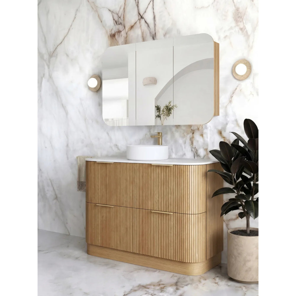 OTTI HAVANA WOODLAND OAK FLUTED 1200MM CURVE SINGLE BOWL FLOOR STANDING VANITY