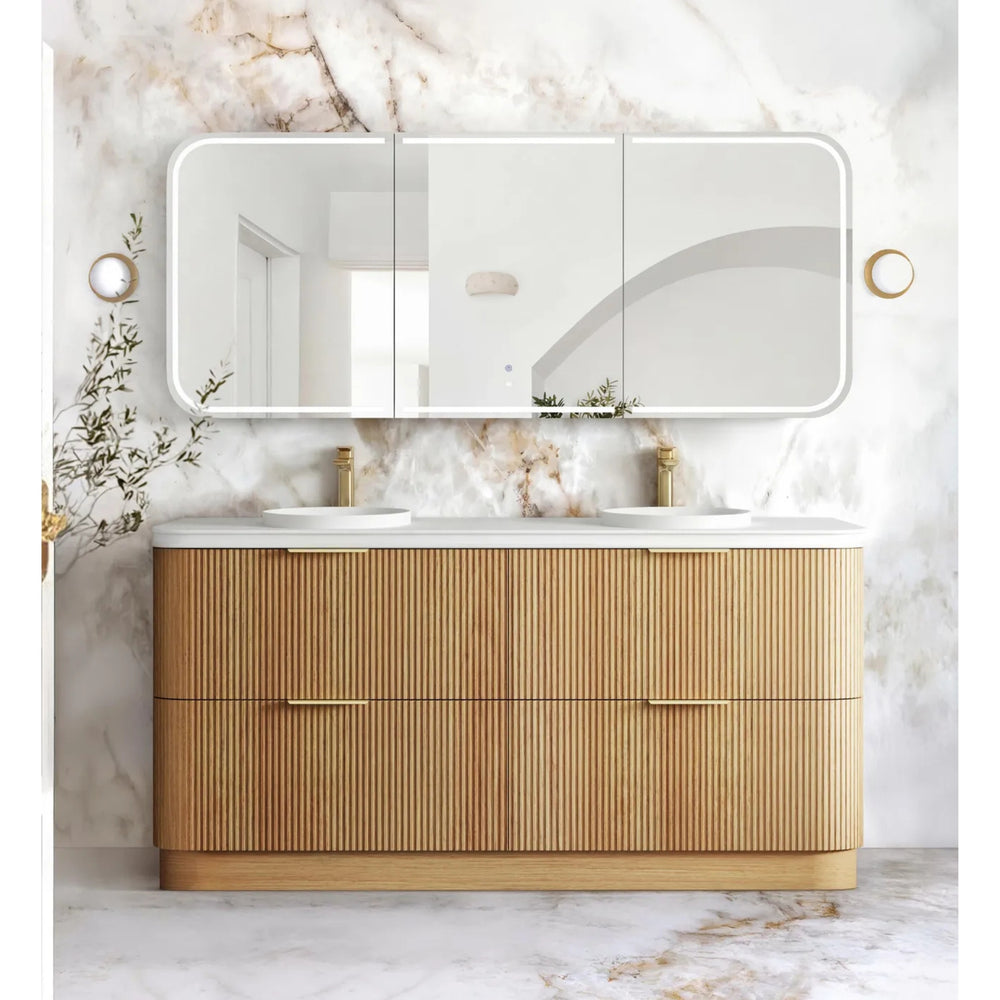 OTTI HAVANA WOODLAND OAK FLUTED 1800MM CURVE DOUBLE BOWL FLOOR STANDING VANITY