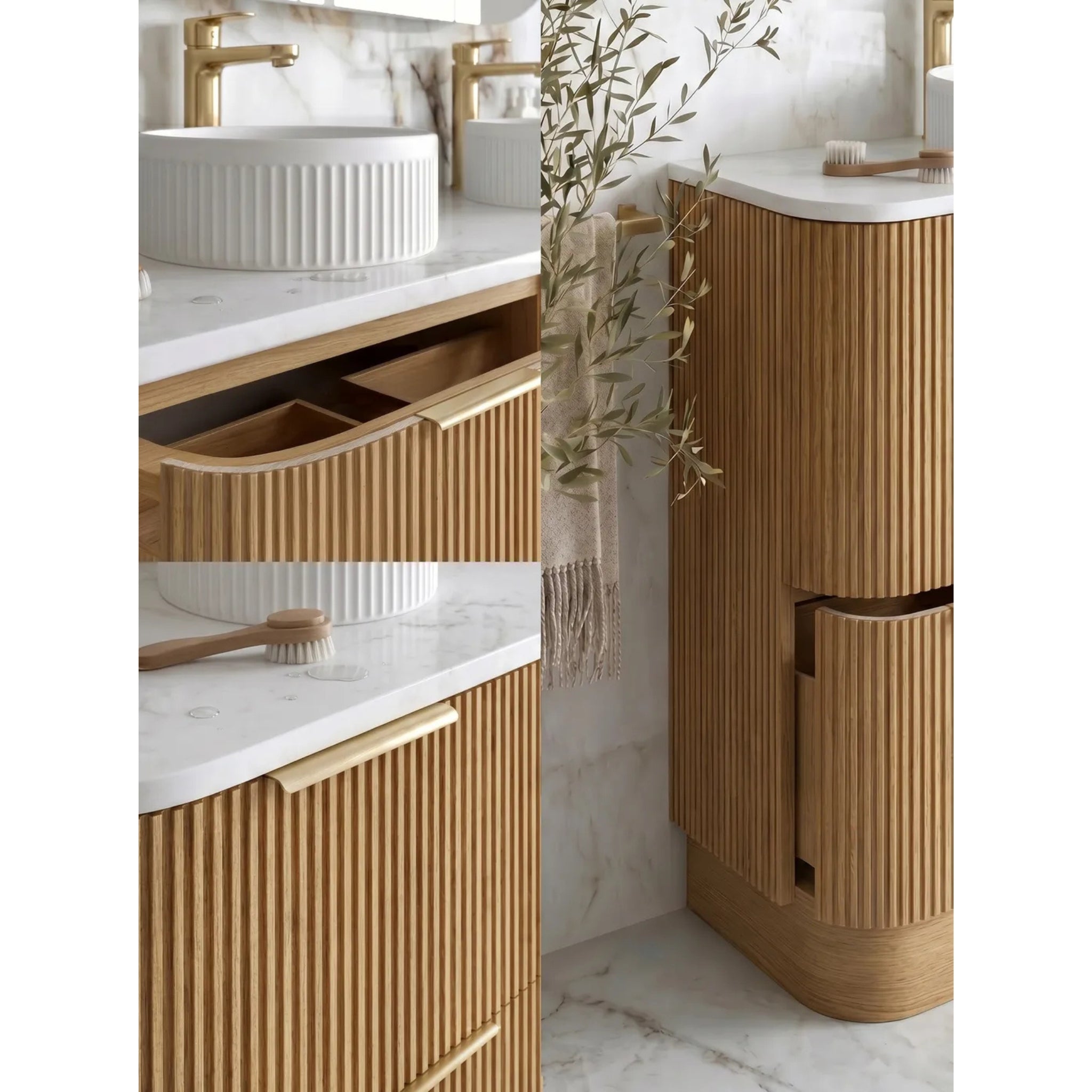 OTTI HAVANA WOODLAND OAK FLUTED 1800MM CURVE DOUBLE BOWL FLOOR STANDING VANITY