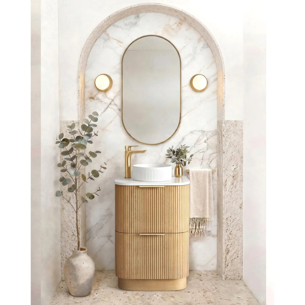 OTTI HAVANA WOODLAND OAK FLUTED 600MM CURVE SINGLE BOWL FLOOR STANDING VANITY