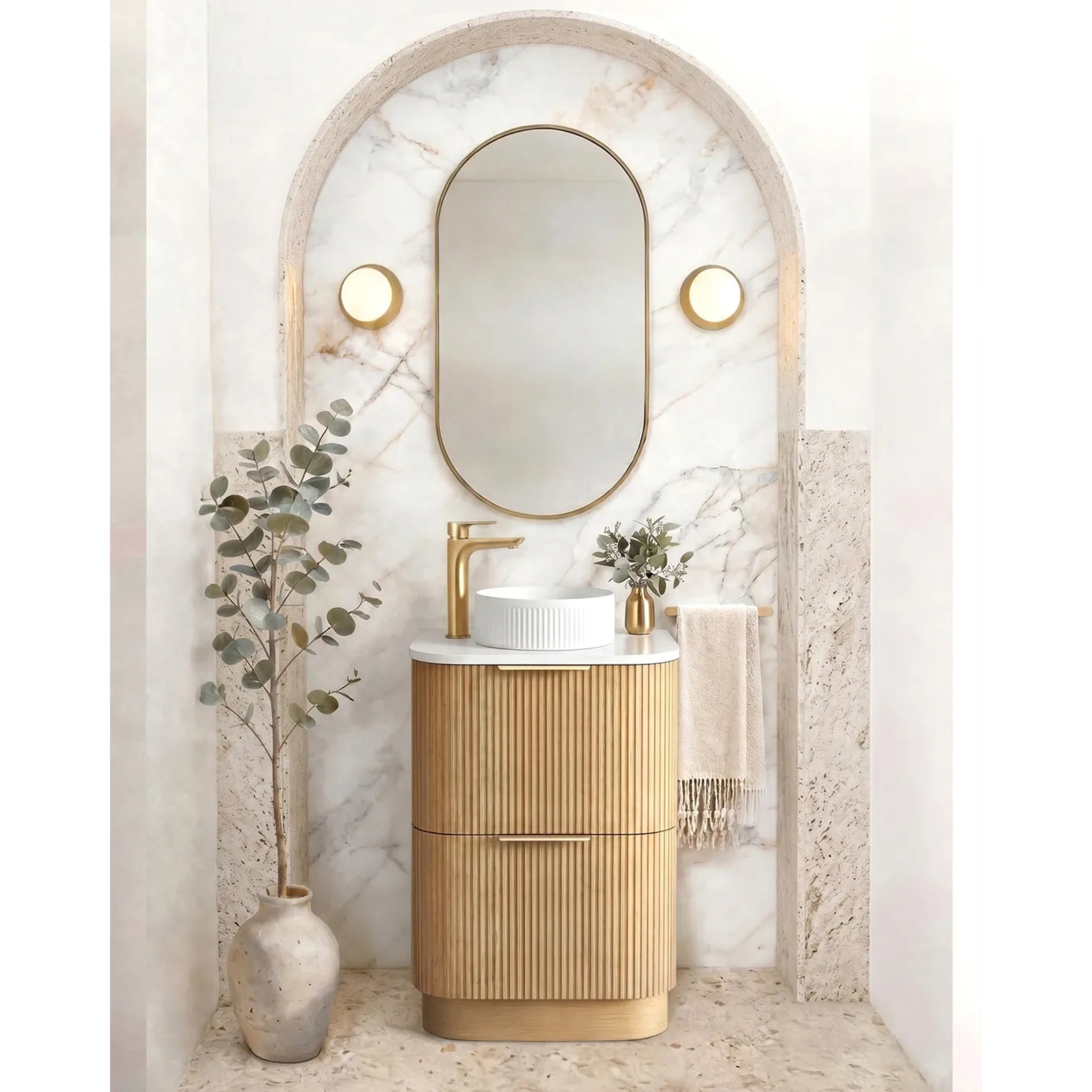 OTTI HAVANA WOODLAND OAK FLUTED 600MM CURVE SINGLE BOWL FLOOR STANDING VANITY