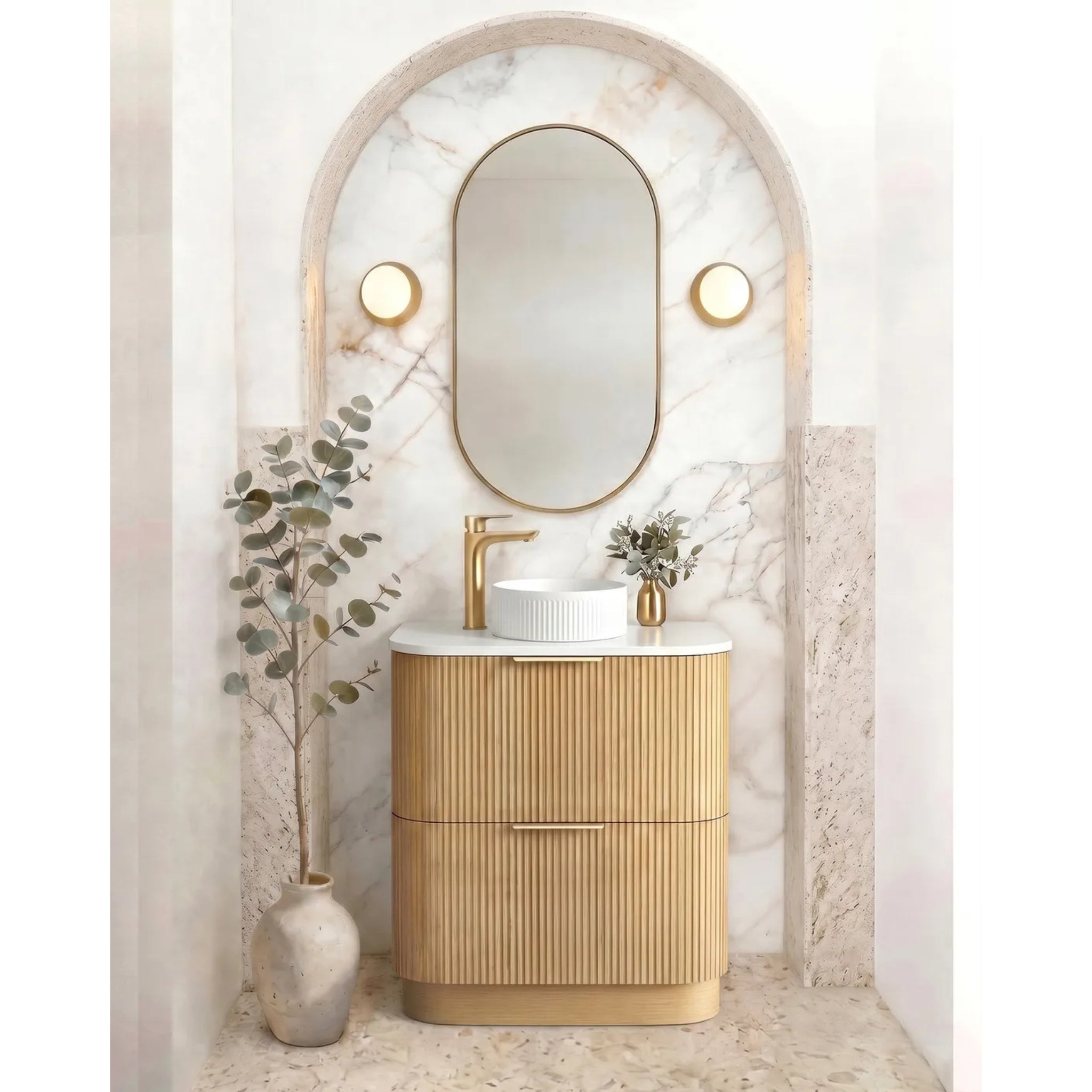 OTTI HAVANA WOODLAND OAK FLUTED 750MM CURVE SINGLE BOWL FLOOR STANDING VANITY