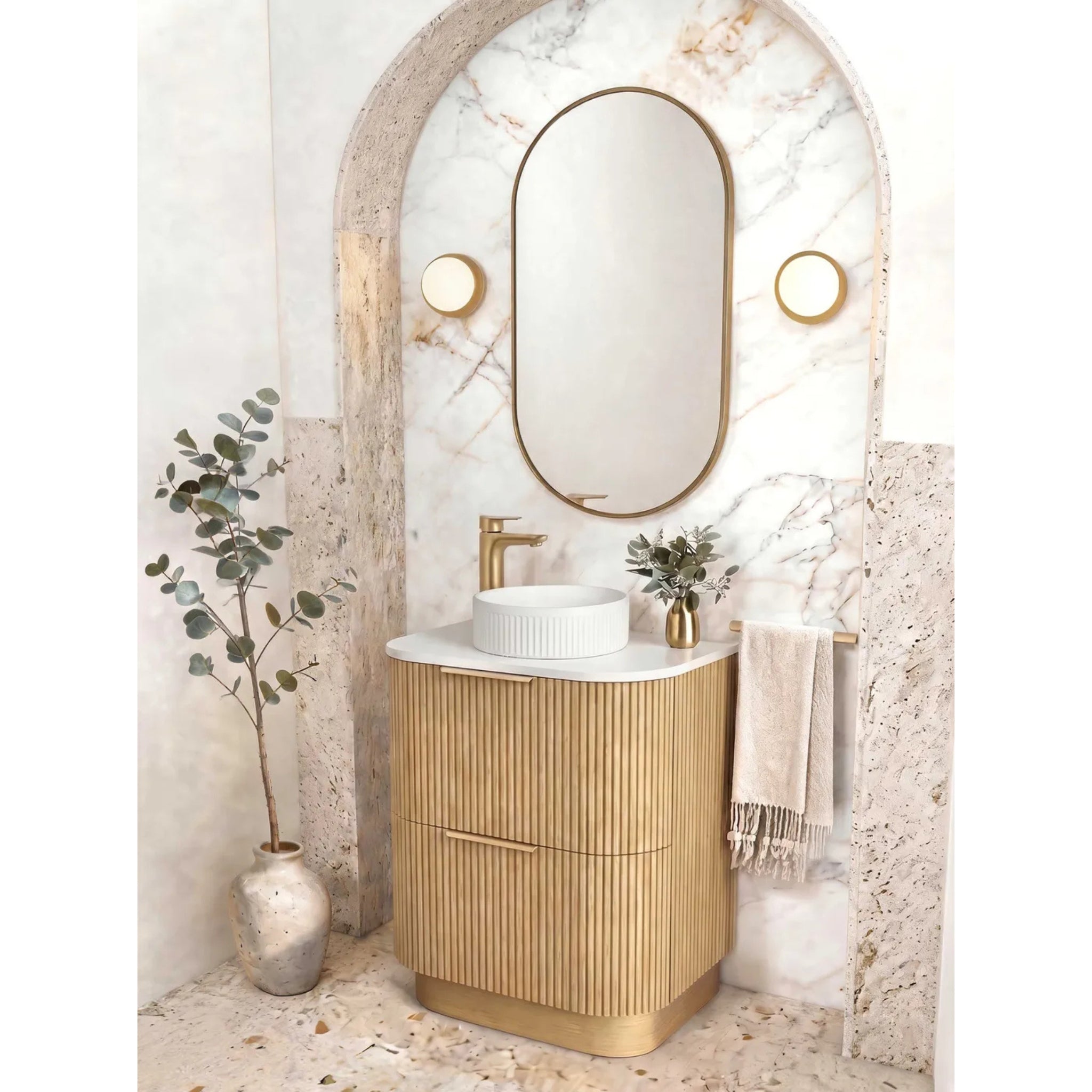 OTTI HAVANA WOODLAND OAK FLUTED 750MM CURVE SINGLE BOWL FLOOR STANDING VANITY